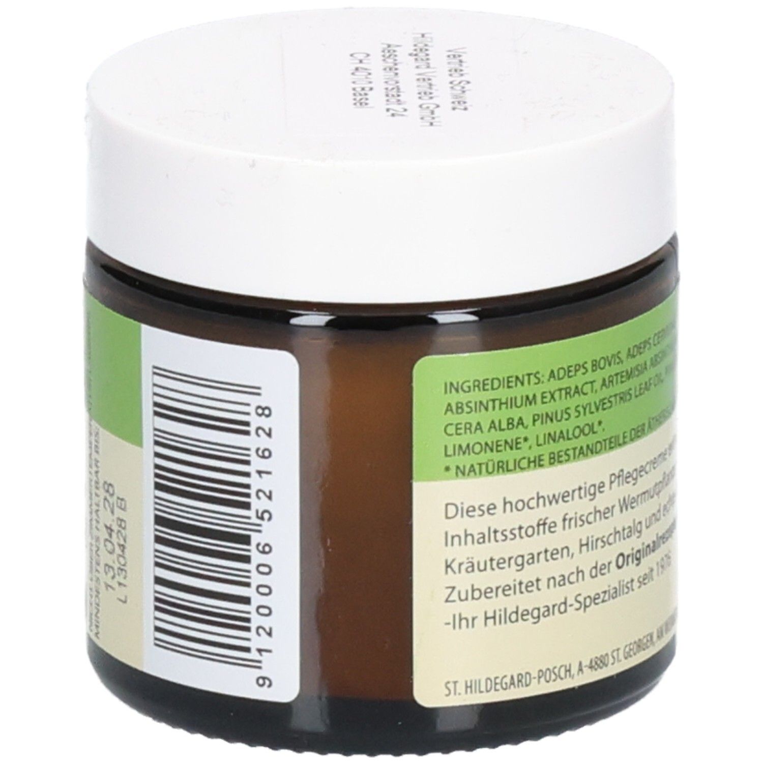 Braunes Glas mit weißem Deckel. Etikett mit Barcode und Text. Text: Hildegard von Bingen, Wermutcreme, Originalrezeptur, POSCH Original.