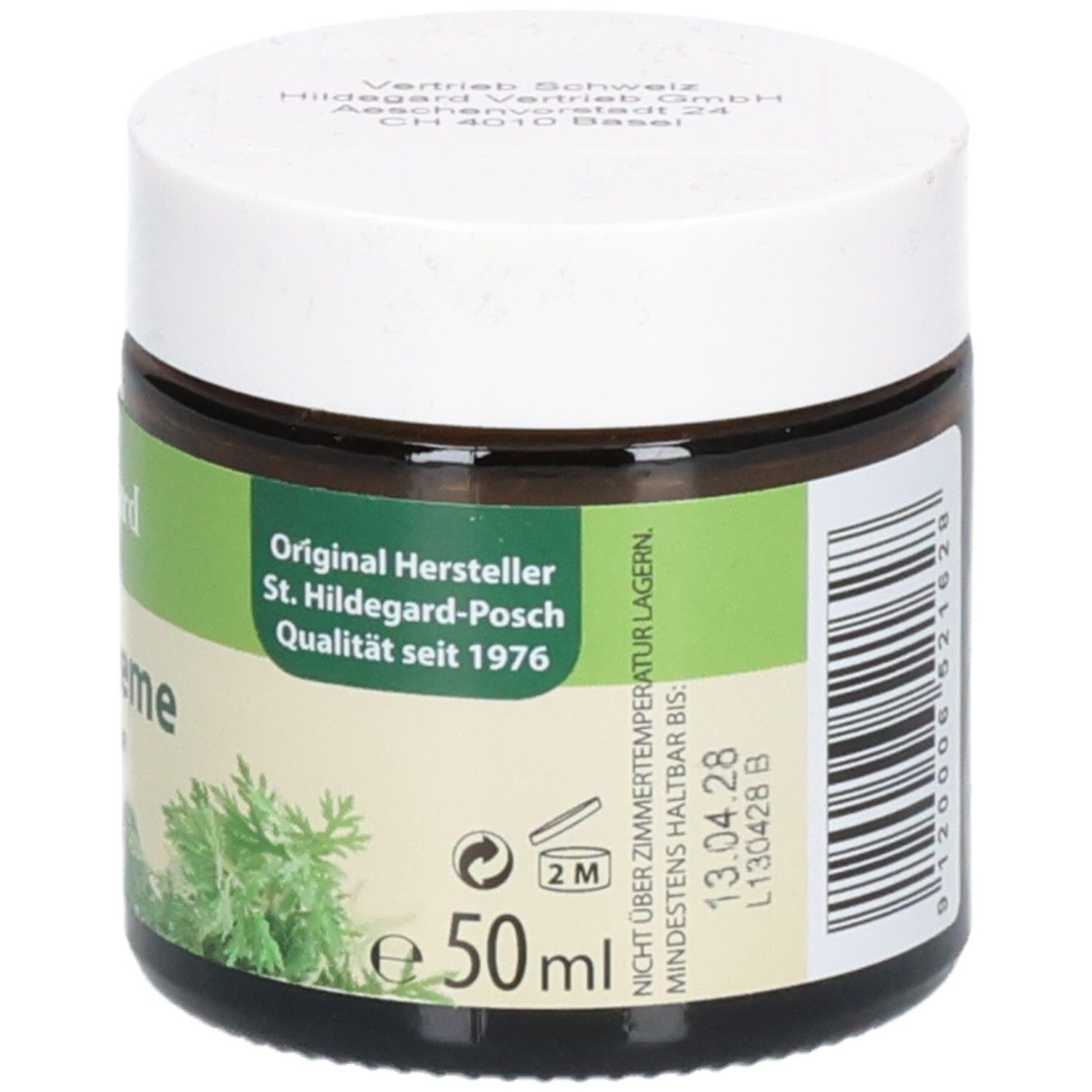 Braunes Glas mit weißem Deckel. Etikett mit Text und Symbolen. Text: Hildegard von Bingen, Wermutcreme, Originalrezeptur, POSCH Original, 50ml.