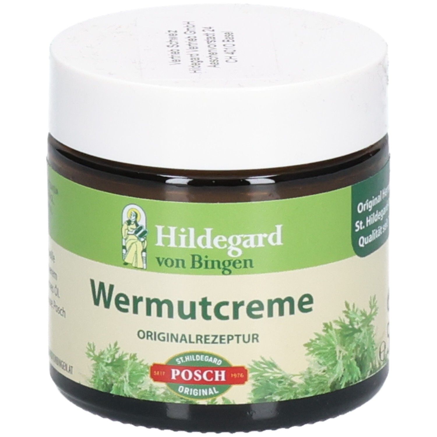Braunes Glas mit weißem Deckel. Etikett mit Produktnamen und Logo. Text: Hildegard von Bingen, Wermutcreme, Originalrezeptur, POSCH Original.