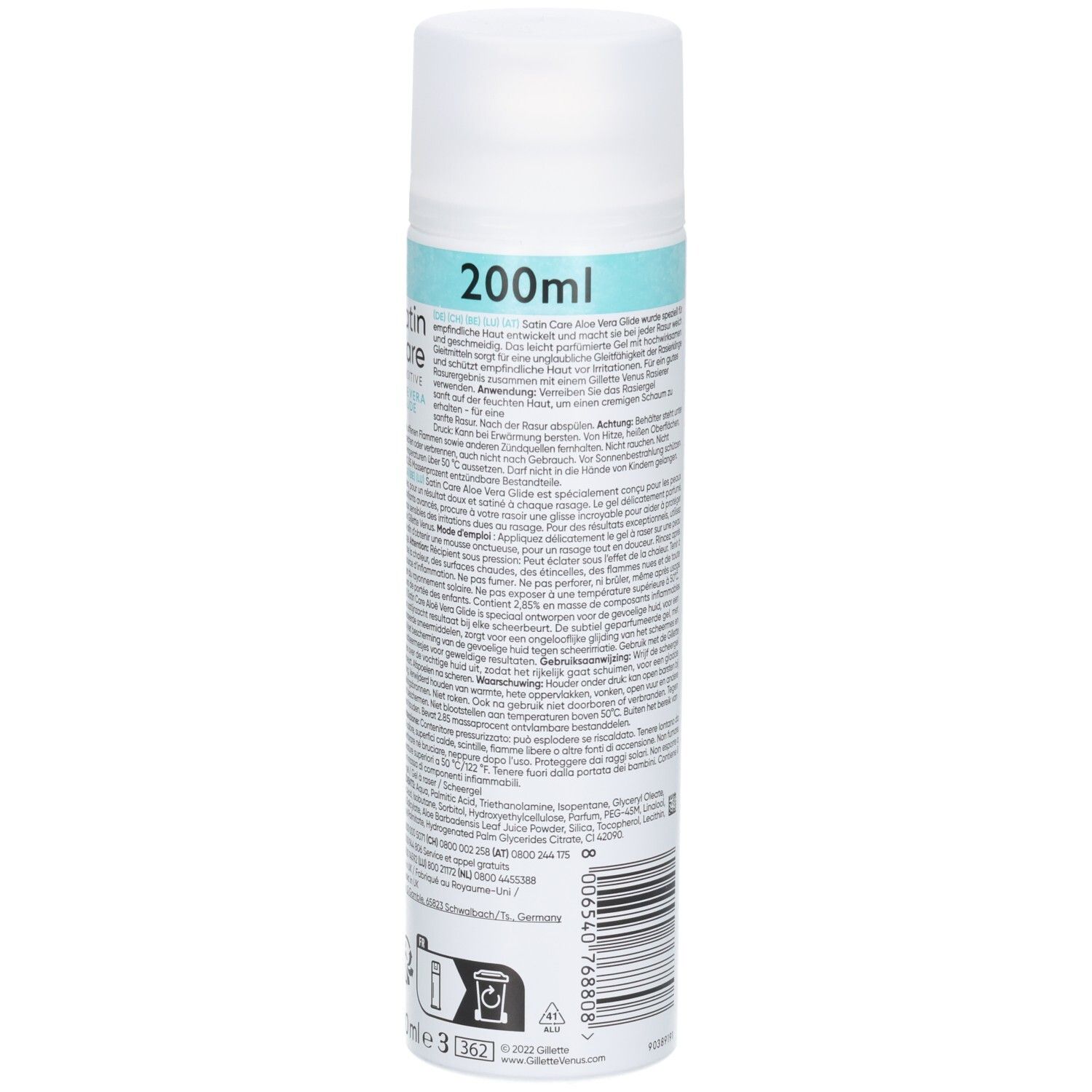Rückseite der Rasiergel-Flasche. Text in mehreren Sprachen. Informationen zur Anwendung und Inhaltsstoffe.