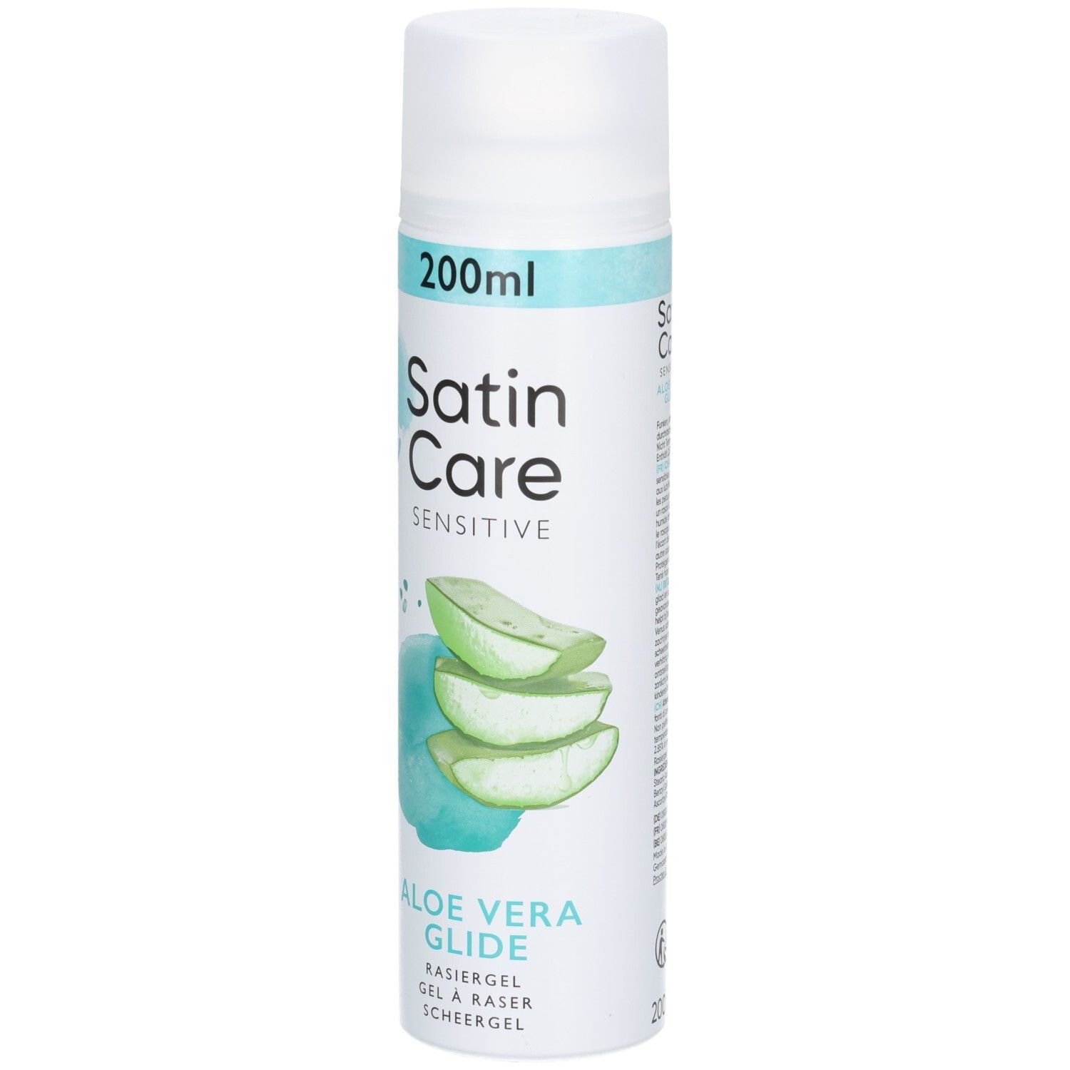 Rasiergel-Flasche mit Aloe Vera. Aufschrift: Satin Care Sensitive, Aloe Vera Glide. Abbildung von Aloe Vera Blättern.