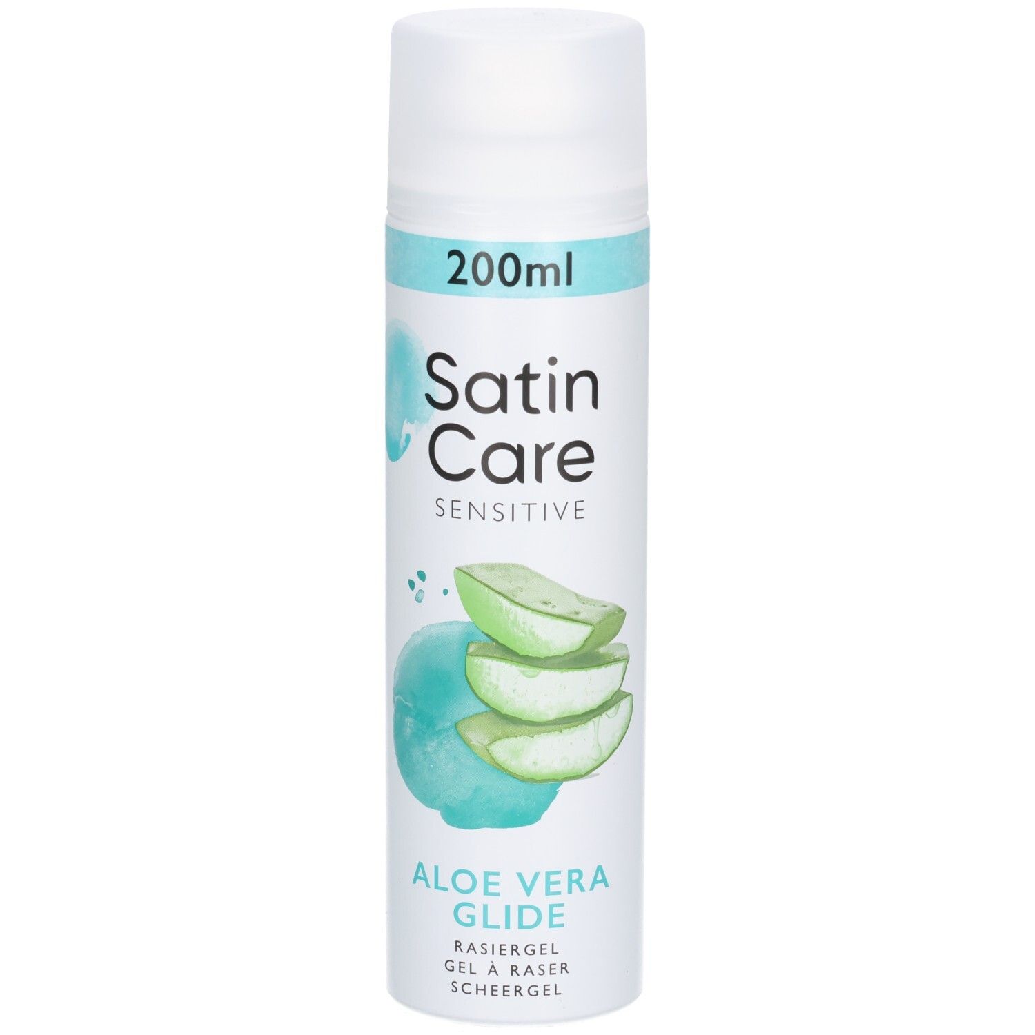 Rasiergel-Flasche mit Aloe Vera. Aufschrift: Satin Care Sensitive, Aloe Vera Glide. Abbildung von Aloe Vera Blättern.