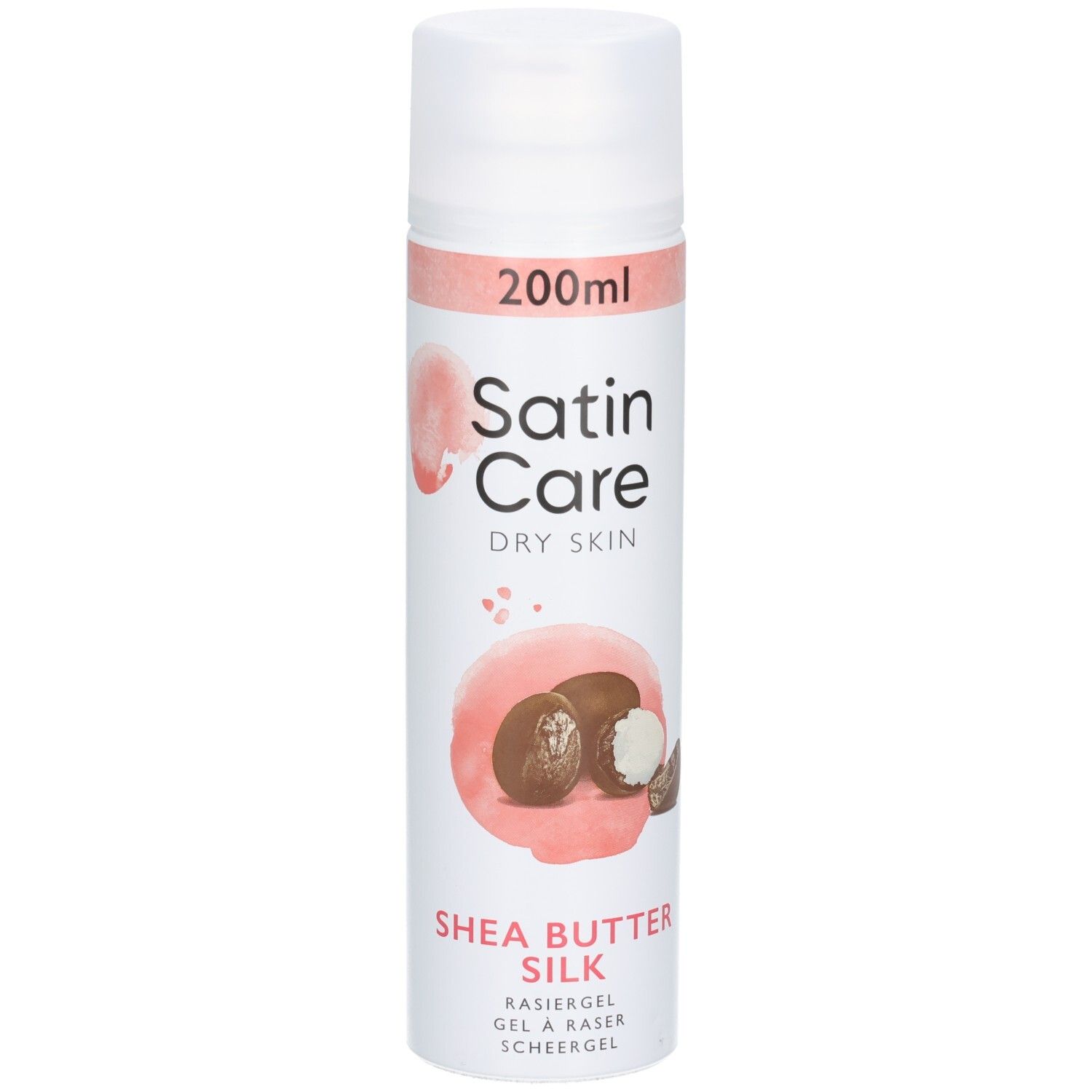 Weiß-rosa Flasche mit Produktnamen und Shea Butter Silk. Aufdruck: 200ml. Abbildung von Shea Butter.