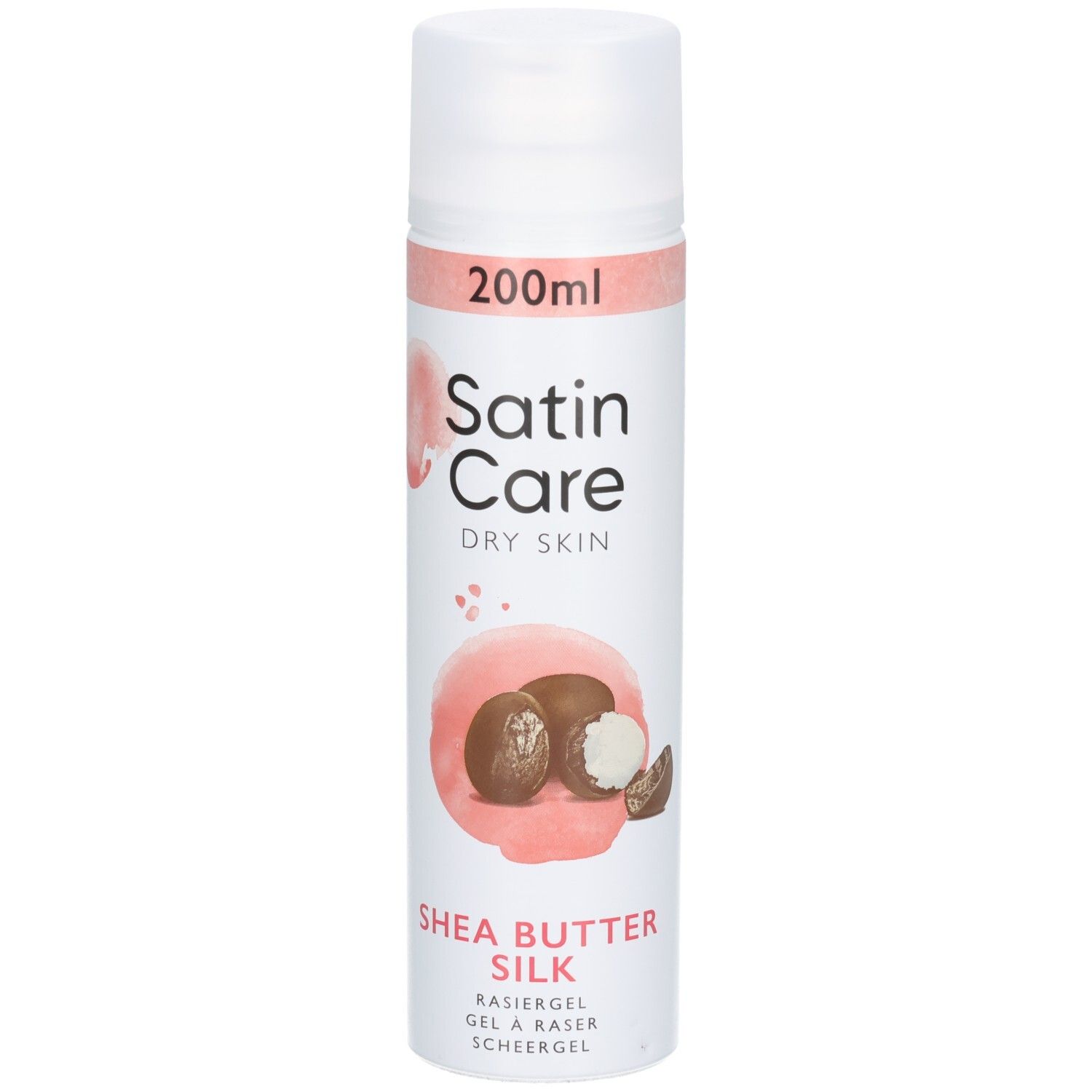 Weiß-rosa Flasche mit Produktnamen und Shea Butter Silk. Aufdruck: 200ml. Abbildung von Shea Butter.