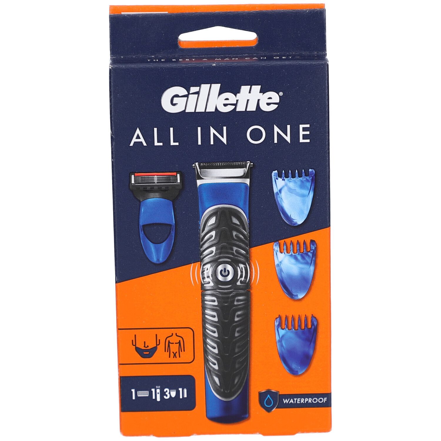 Gillette All in One Verpackung. Rasierer und Aufsätze in blau und orange. Wasserdicht. Illustrationen.