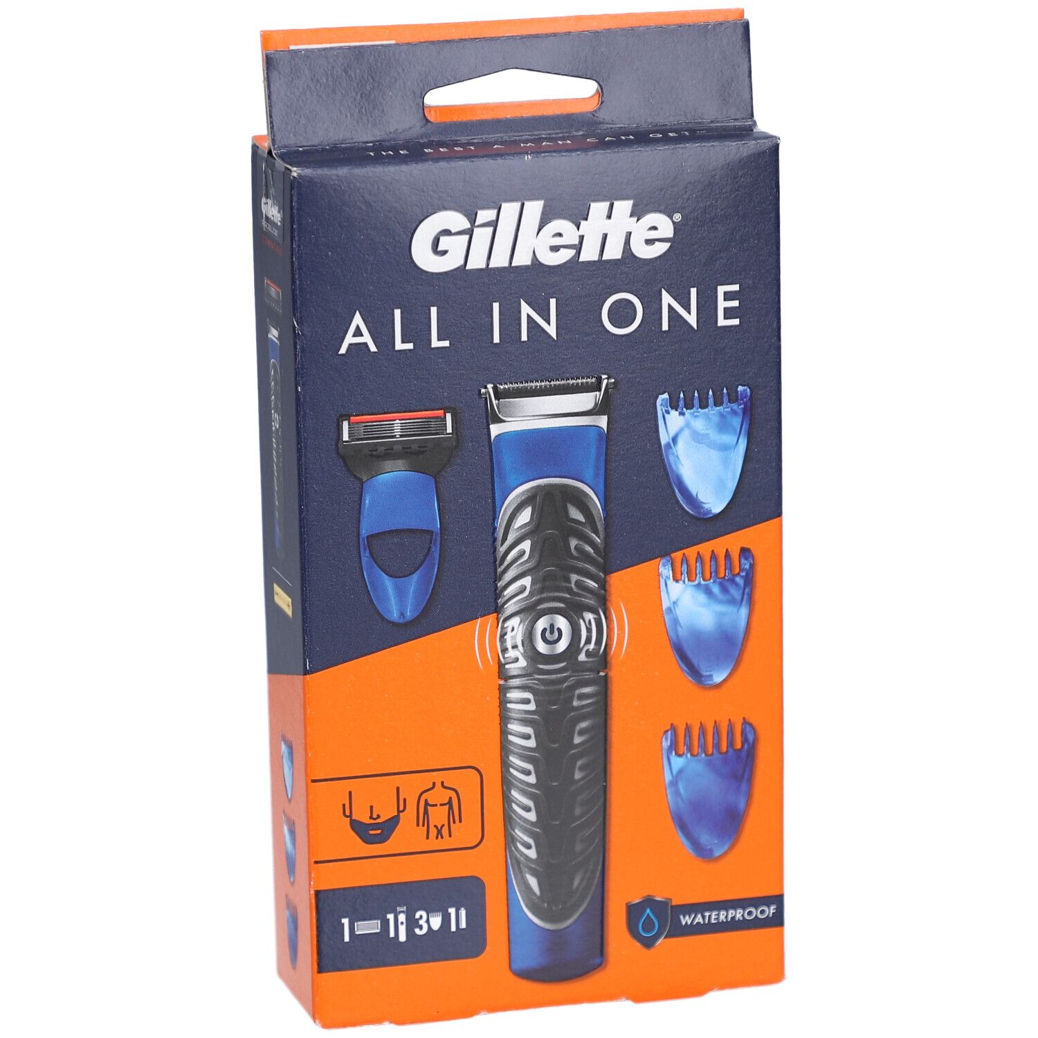 Gillette All in One Verpackung. Rasierer und Aufsätze in blau und orange. Wasserdicht. Illustrationen.