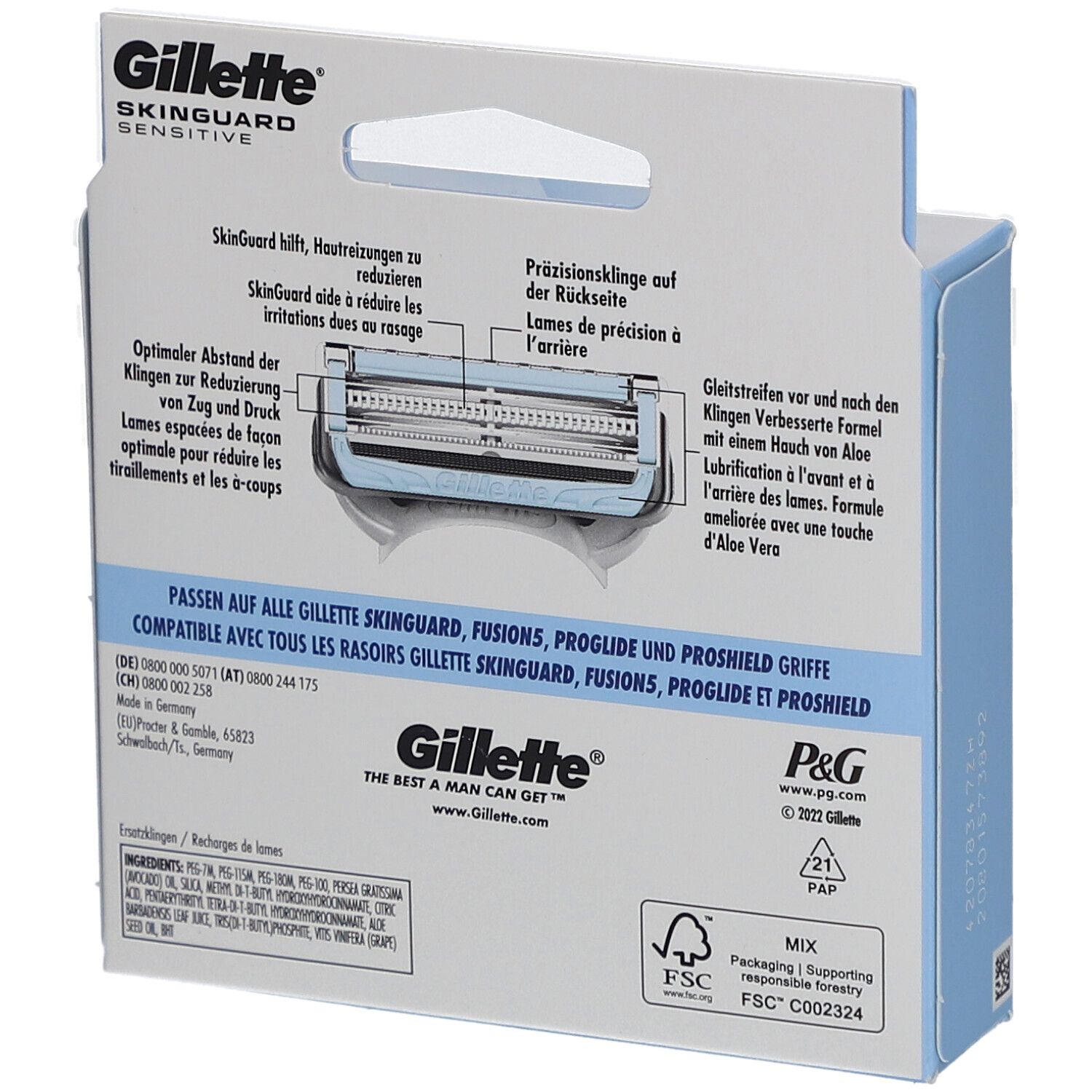 Gillette SkinGuard Sensitive Rasierklingen, 8 Ersatzklingen für Nassrasierer Herren mit Hautschutz