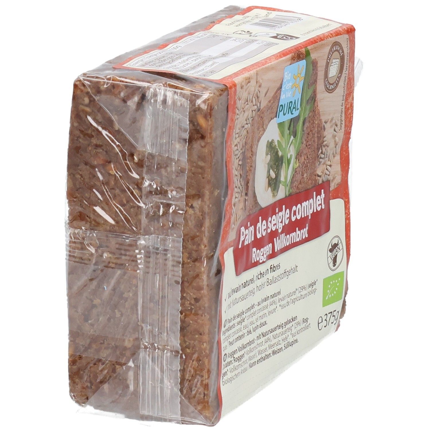 PURAL Roggen Vollkornbrot 375g, verpackt in Folie, Seitenansicht.