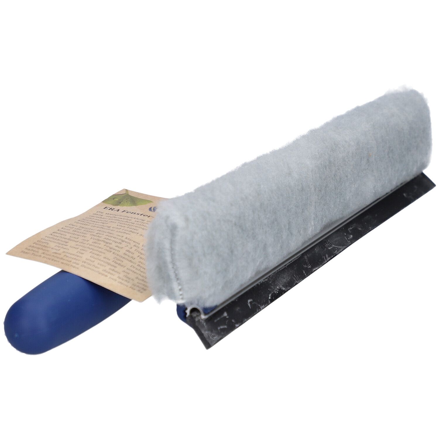 Fensterwischer mit blauem Griff und grauem Wischerbezug. Produktetikett.