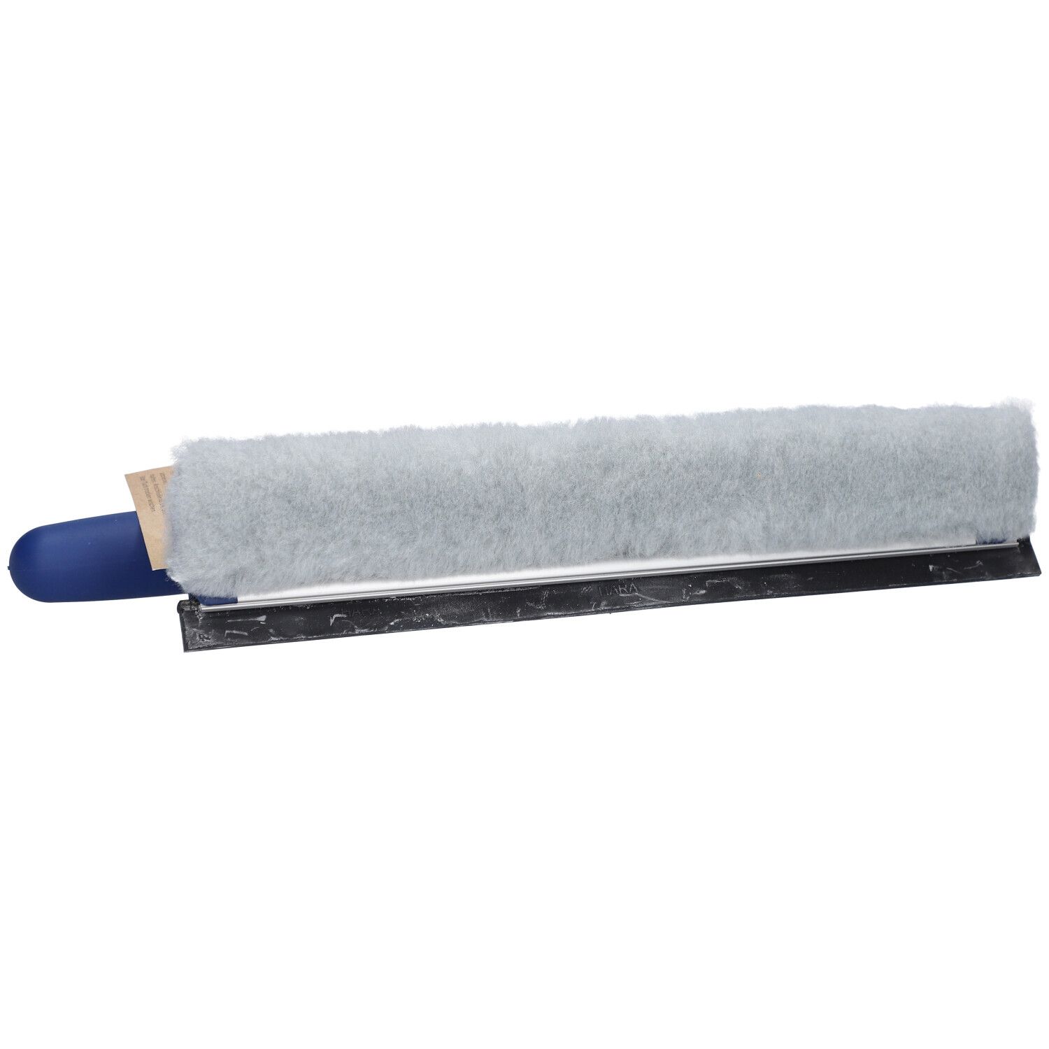 Fensterwischer mit blauem Griff und grauem Wischerbezug. Produktetikett.