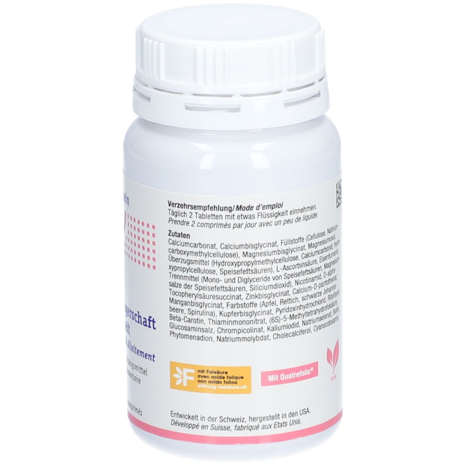 Rückseite der weißen Tablettenflasche. Verzehrempfehlung: 2 Tabletten täglich. Zutatenliste in Deutsch und Französisch.