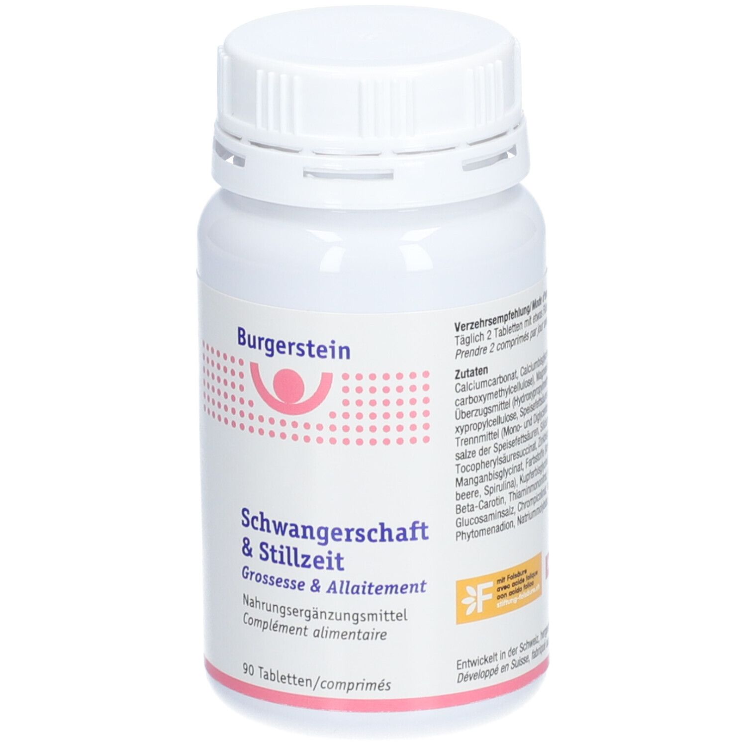 Weiße Tablettenflasche mit Schraubverschluss. Aufschrift: Burgerstein Schwangerschaft & Stillzeit. 90 Tabletten.