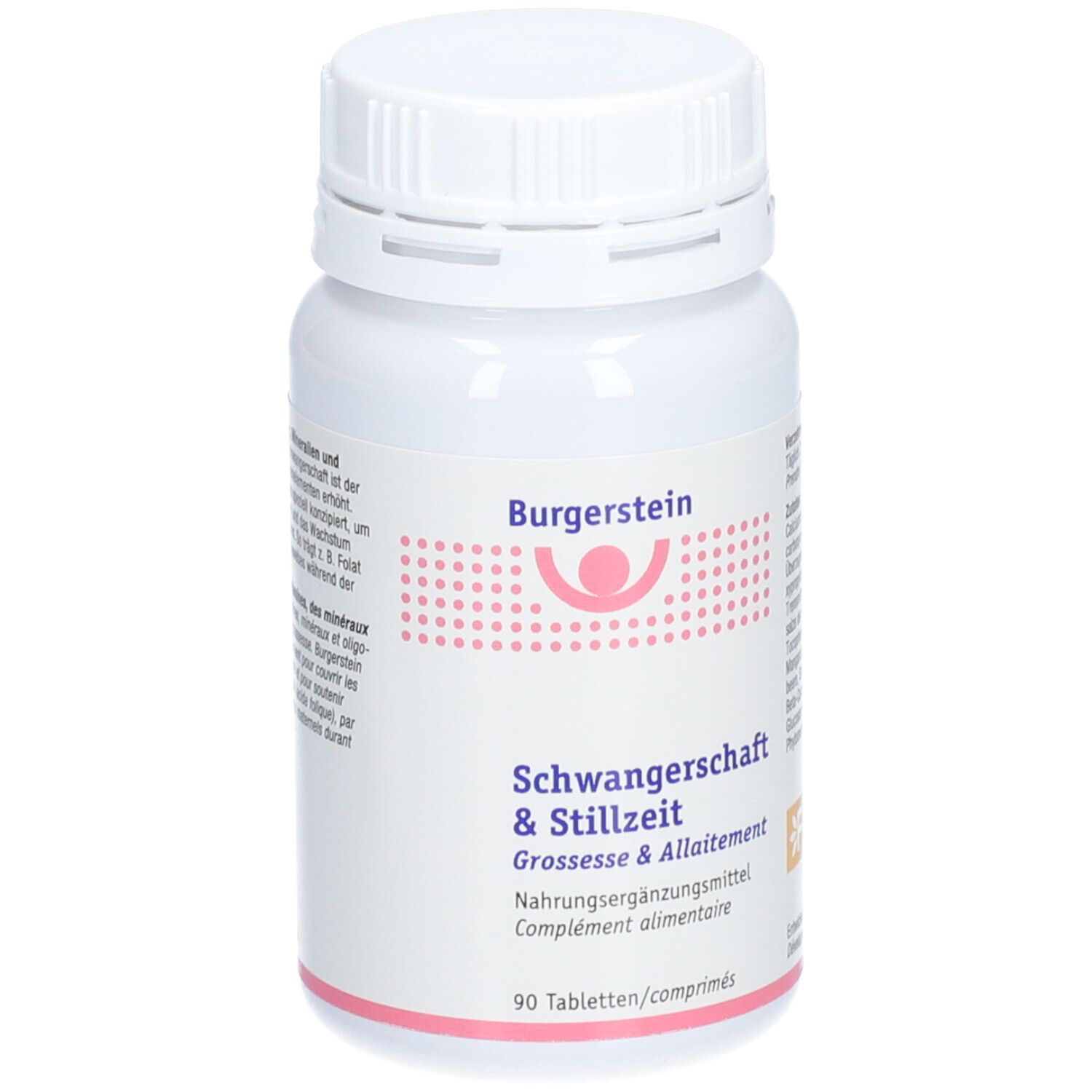 Weiße Tablettenflasche mit Schraubverschluss. Aufschrift: Burgerstein Schwangerschaft & Stillzeit. 90 Tabletten.