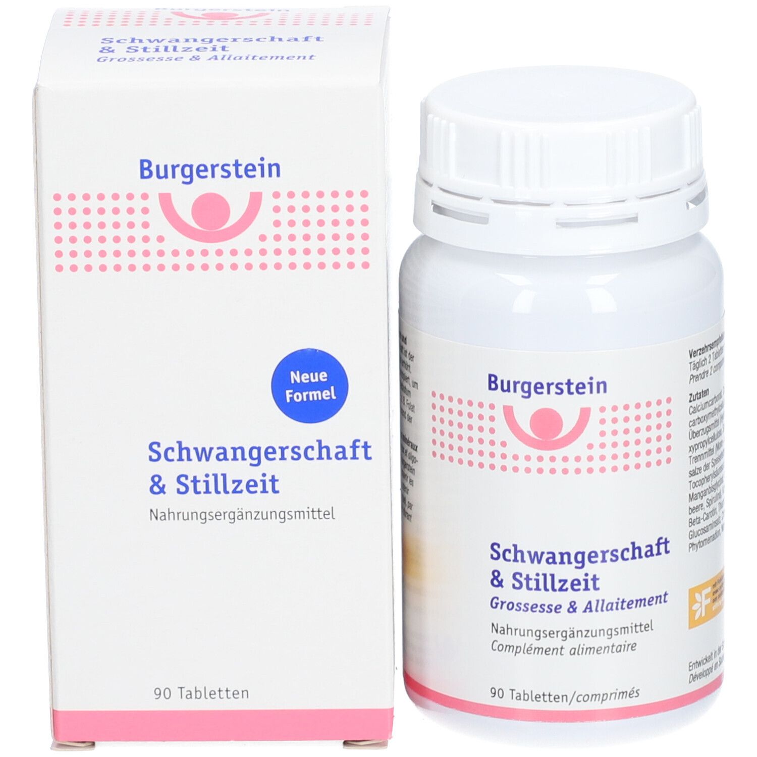 Weiße Tablettenflasche und Schachtel. Aufschrift: Burgerstein Schwangerschaft & Stillzeit. 90 Tabletten. Neue Formel.