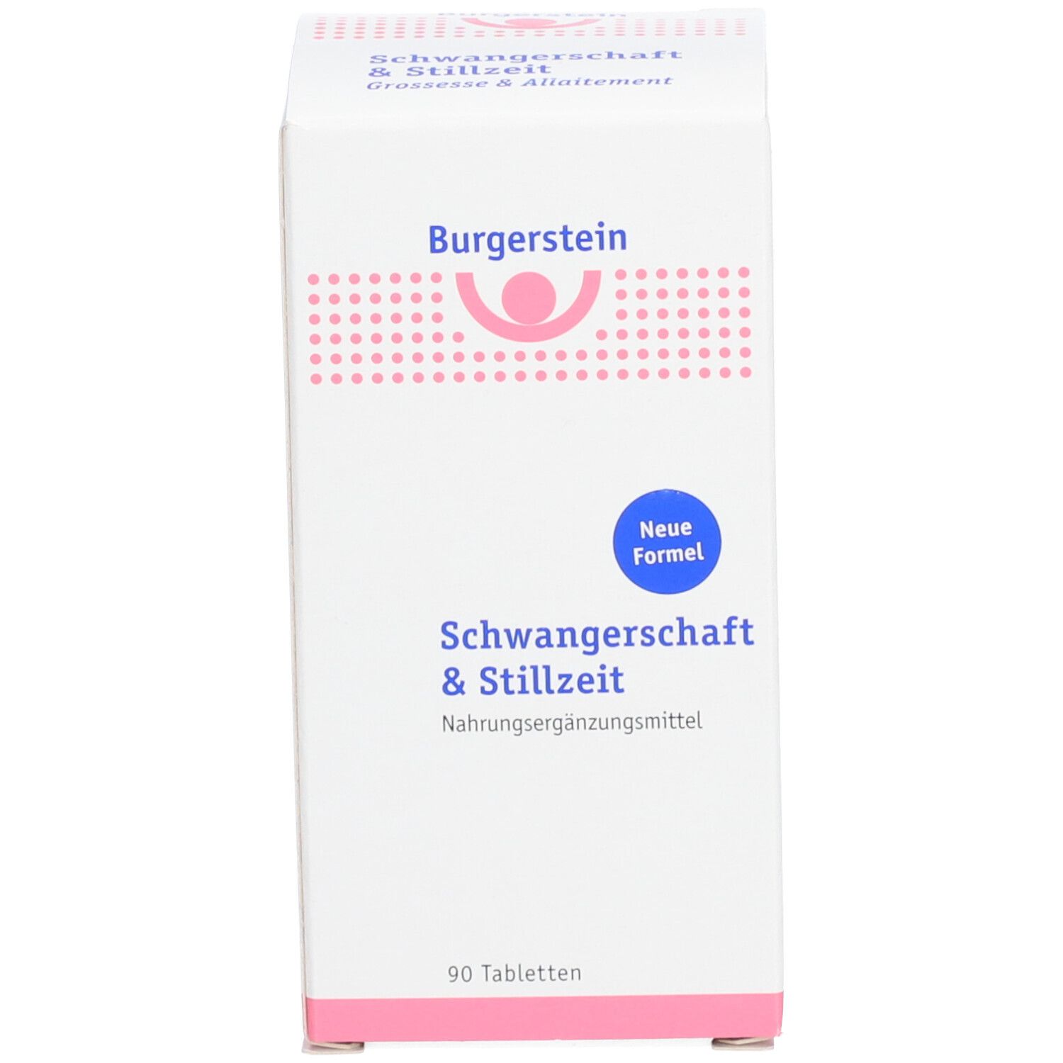 Weiße Schachtel. Aufschrift: Burgerstein Schwangerschaft & Stillzeit. 90 Tabletten. Neue Formel.