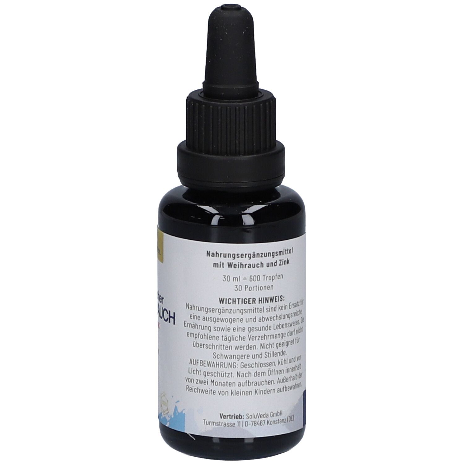 Braune Glasflasche mit schwarzem Deckel und Pipette. Beschriftung: Nahrungsergänzungsmittel mit Weihrauch und Zink, 30 ml.