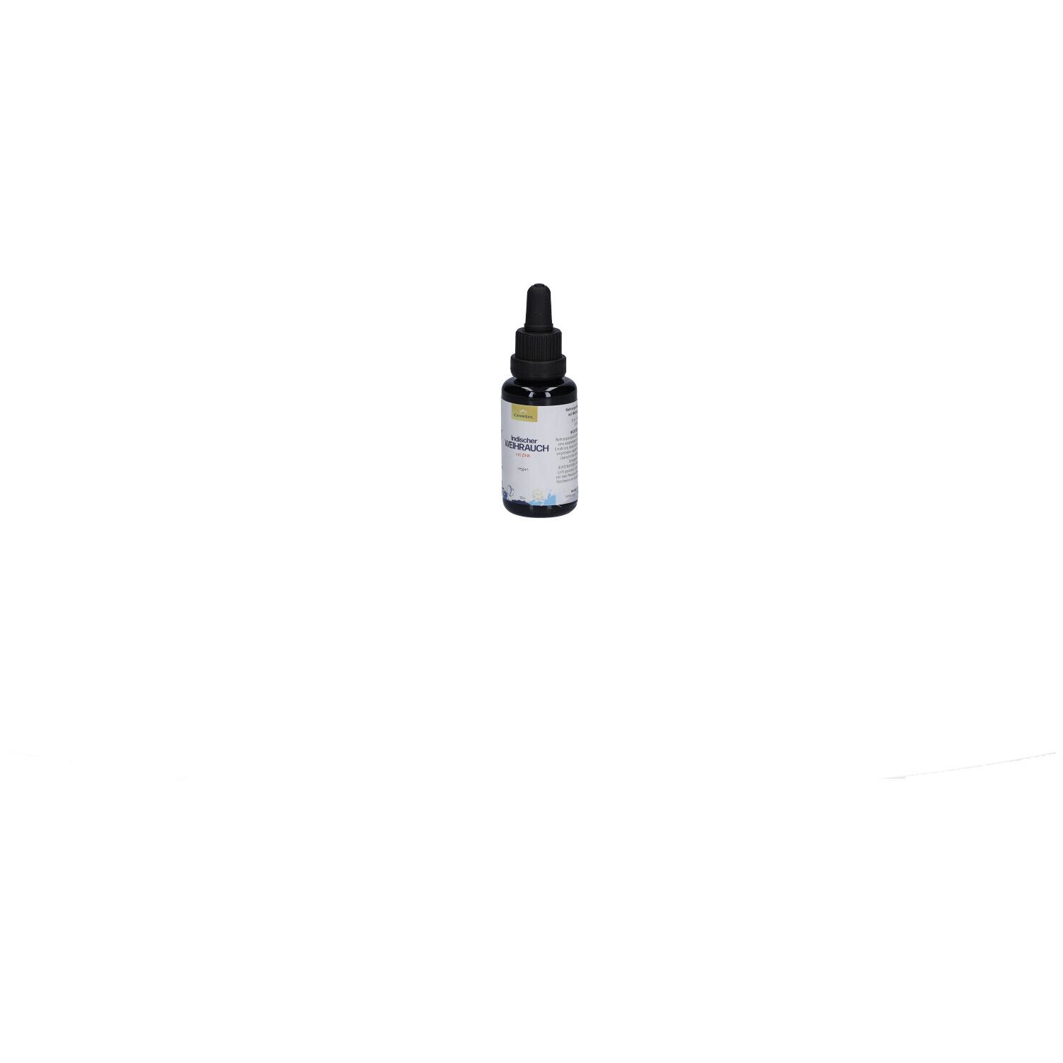 Braune Glasflasche mit schwarzem Deckel und Pipette. Produktansicht von vorne.