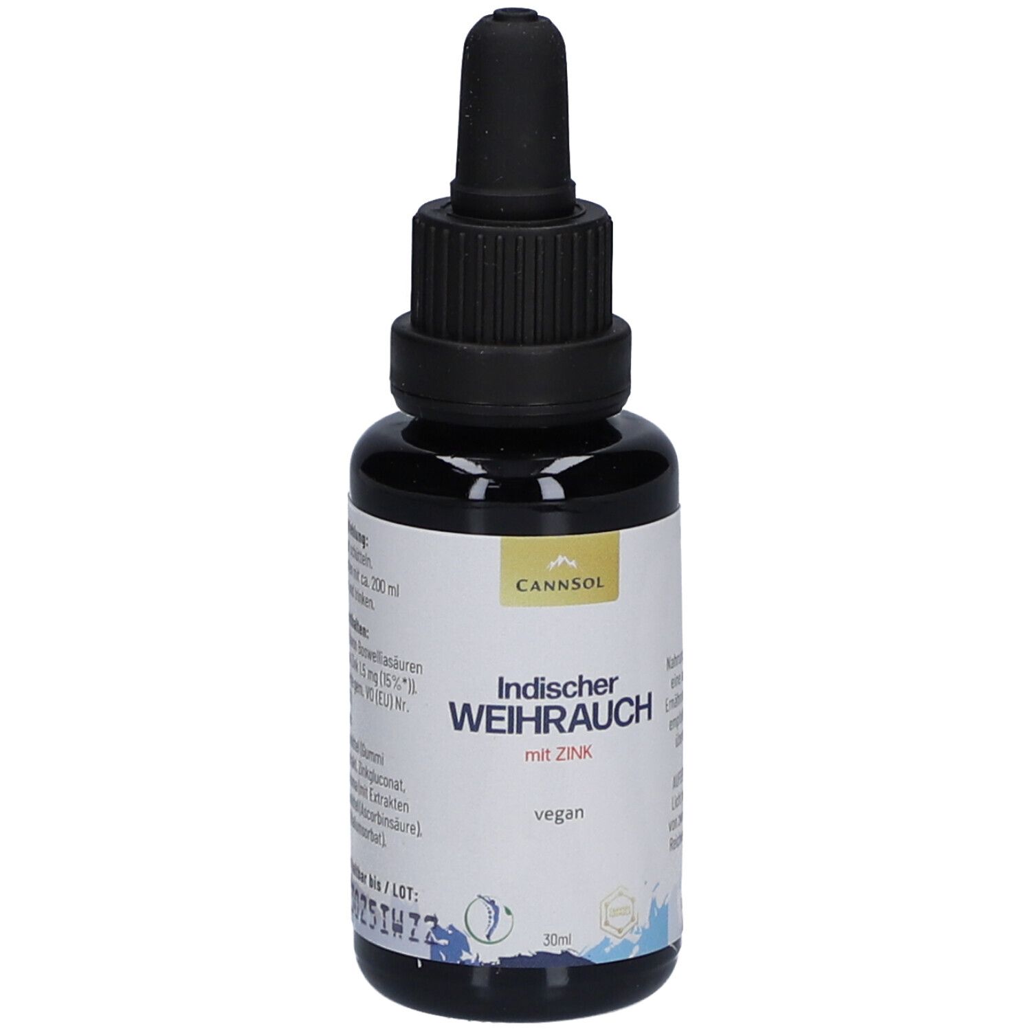 Braune Glasflasche mit schwarzem Deckel und Pipette. Beschriftung: Indischer Weihrauch mit Zink, vegan. Marke: CannSol.
