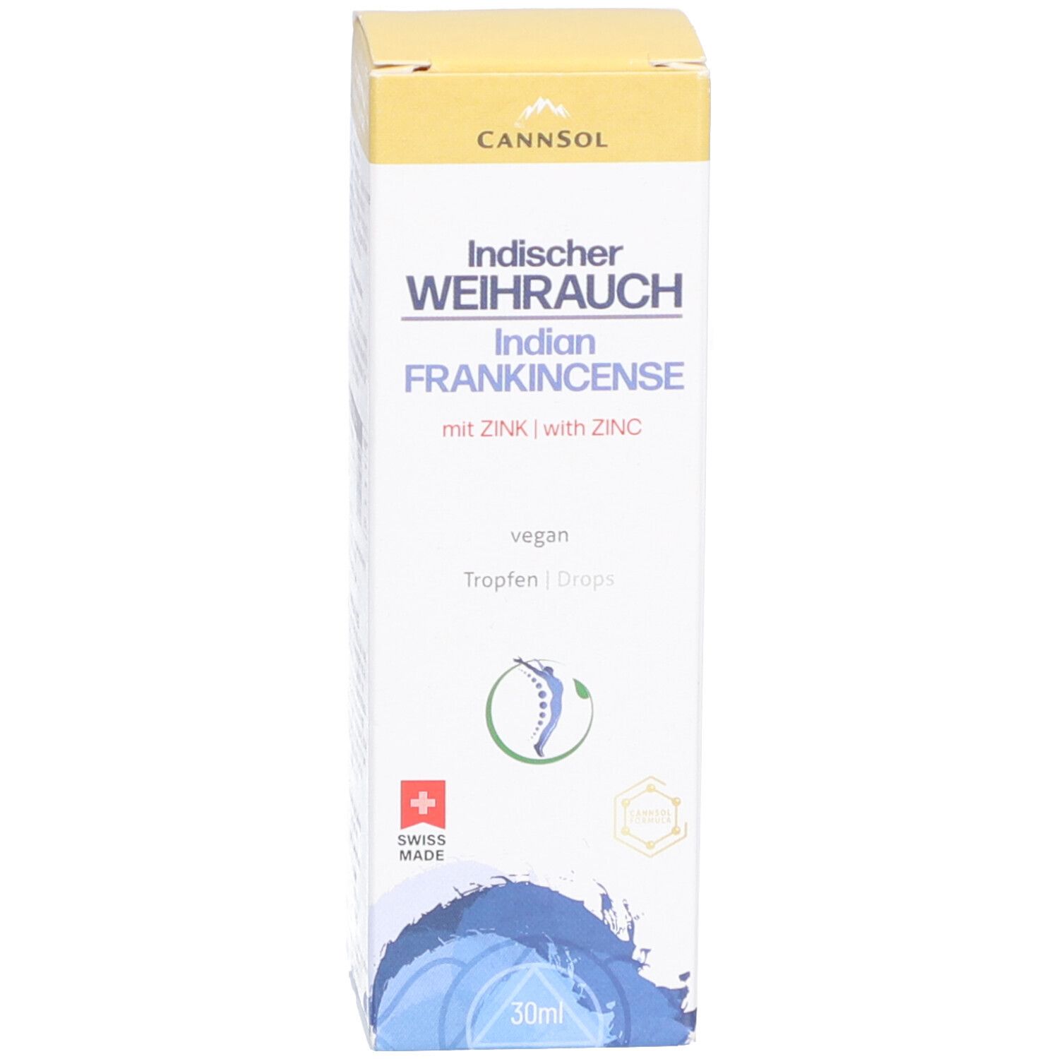 Weiße Schachtel mit Beschriftung: Indischer Weihrauch mit Zink, vegan. Logo: Schweizer Kreuz, 30ml.