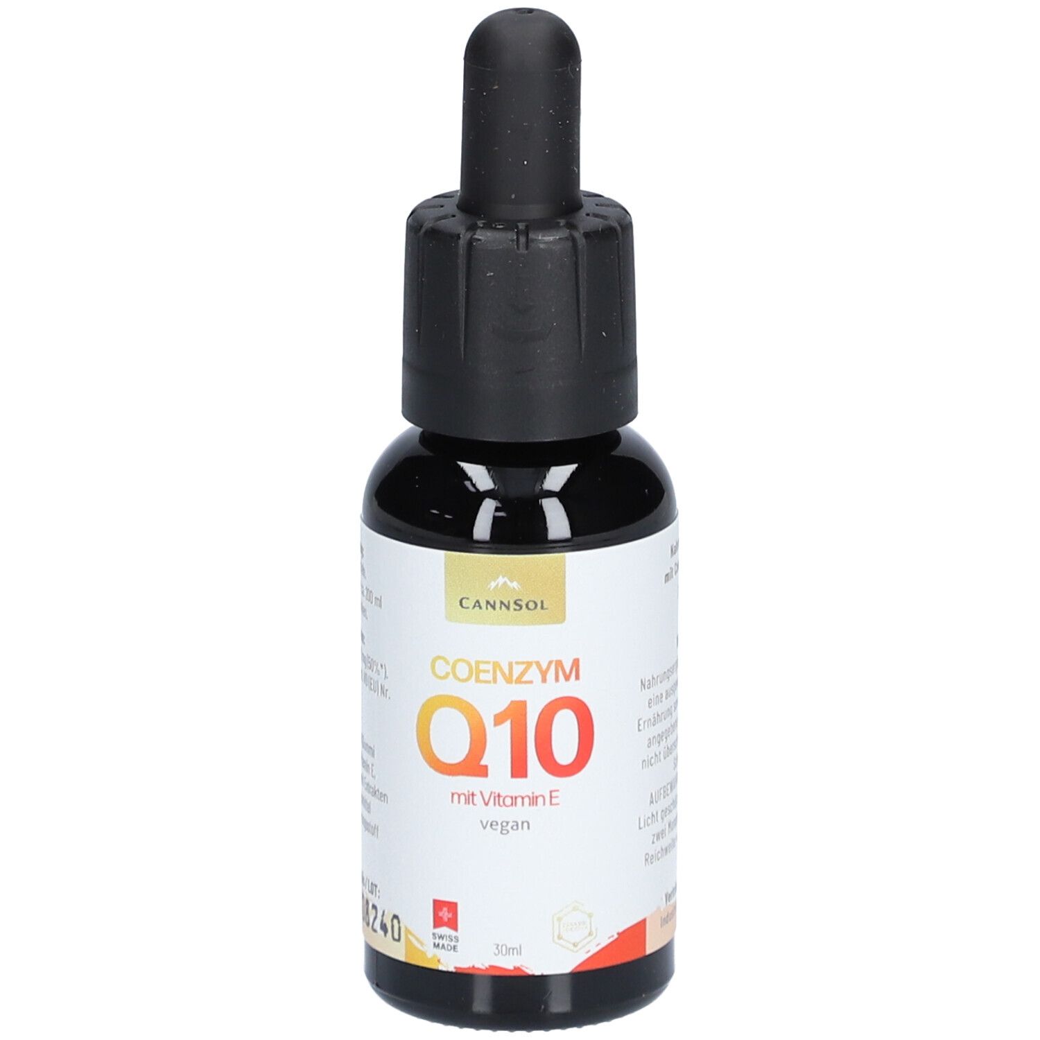 Braune Glasflasche mit schwarzem Tropfer. Aufschrift: COENZYM Q10 mit Vitamin E, vegan. Marke: CANNSOL.