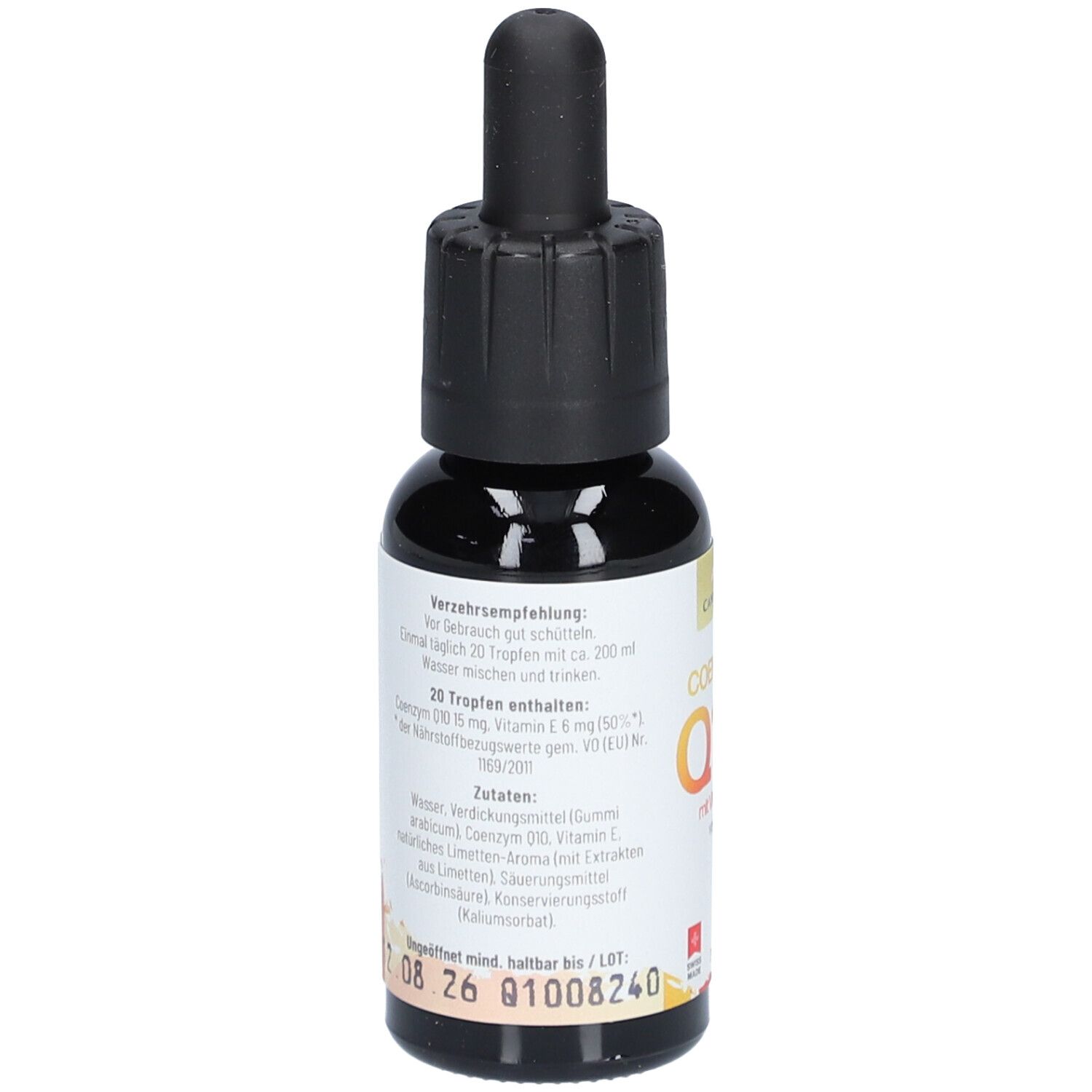 Braune Glasflasche mit schwarzem Tropfer. Rückseite mit Text. Aufschrift: COENZYM Q10 mit Vitamin E, vegan. Marke: CANNSOL.