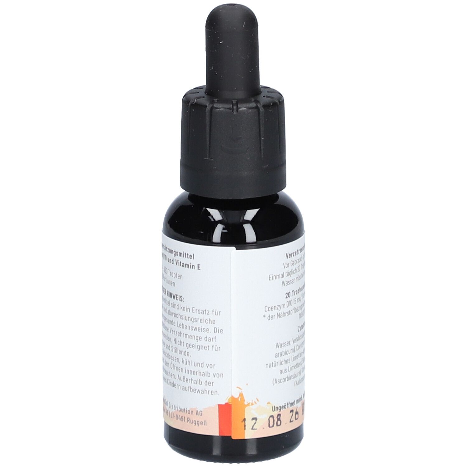 Braune Glasflasche mit schwarzem Tropfer. Rückseite mit Text. Aufschrift: COENZYM Q10 mit Vitamin E, vegan. Marke: CANNSOL.