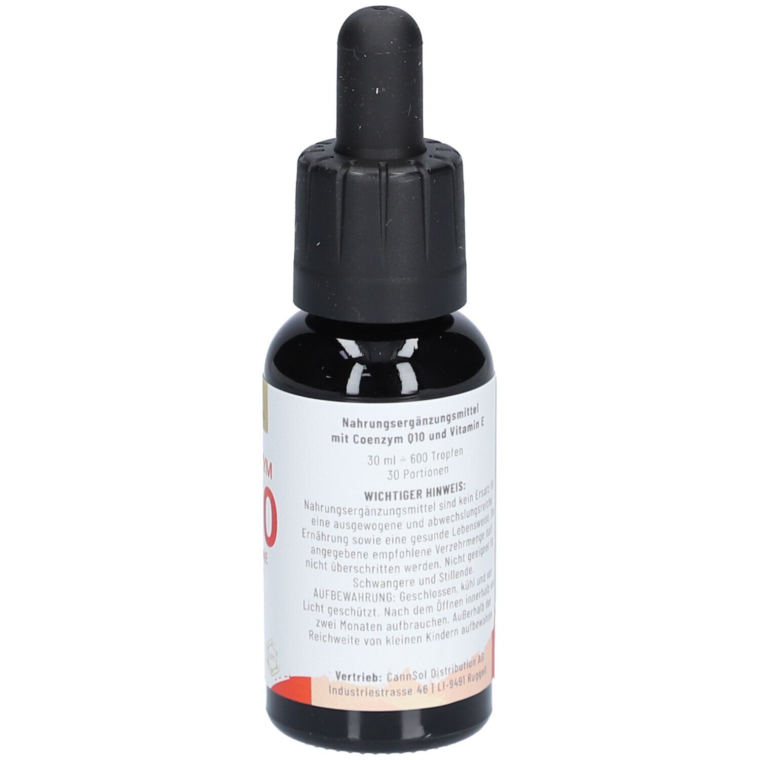 Braune Glasflasche mit schwarzem Tropfer. Aufschrift: Nahrungsergänzungsmittel mit Coenzym Q10 und Vitamin C.