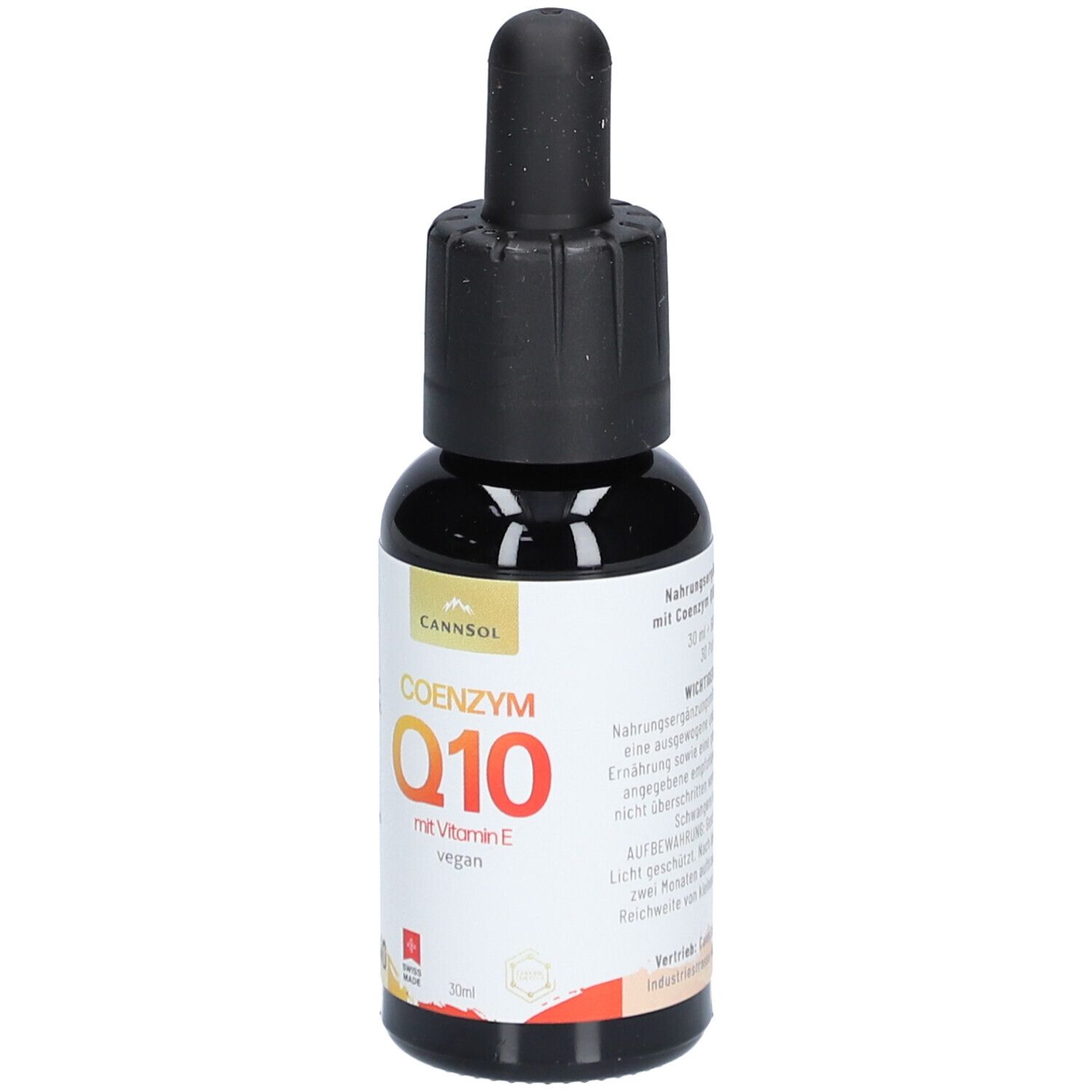 Braune Glasflasche mit schwarzem Tropfer. Aufschrift: COENZYM Q10 mit Vitamin E, vegan. Marke: CANNSOL.