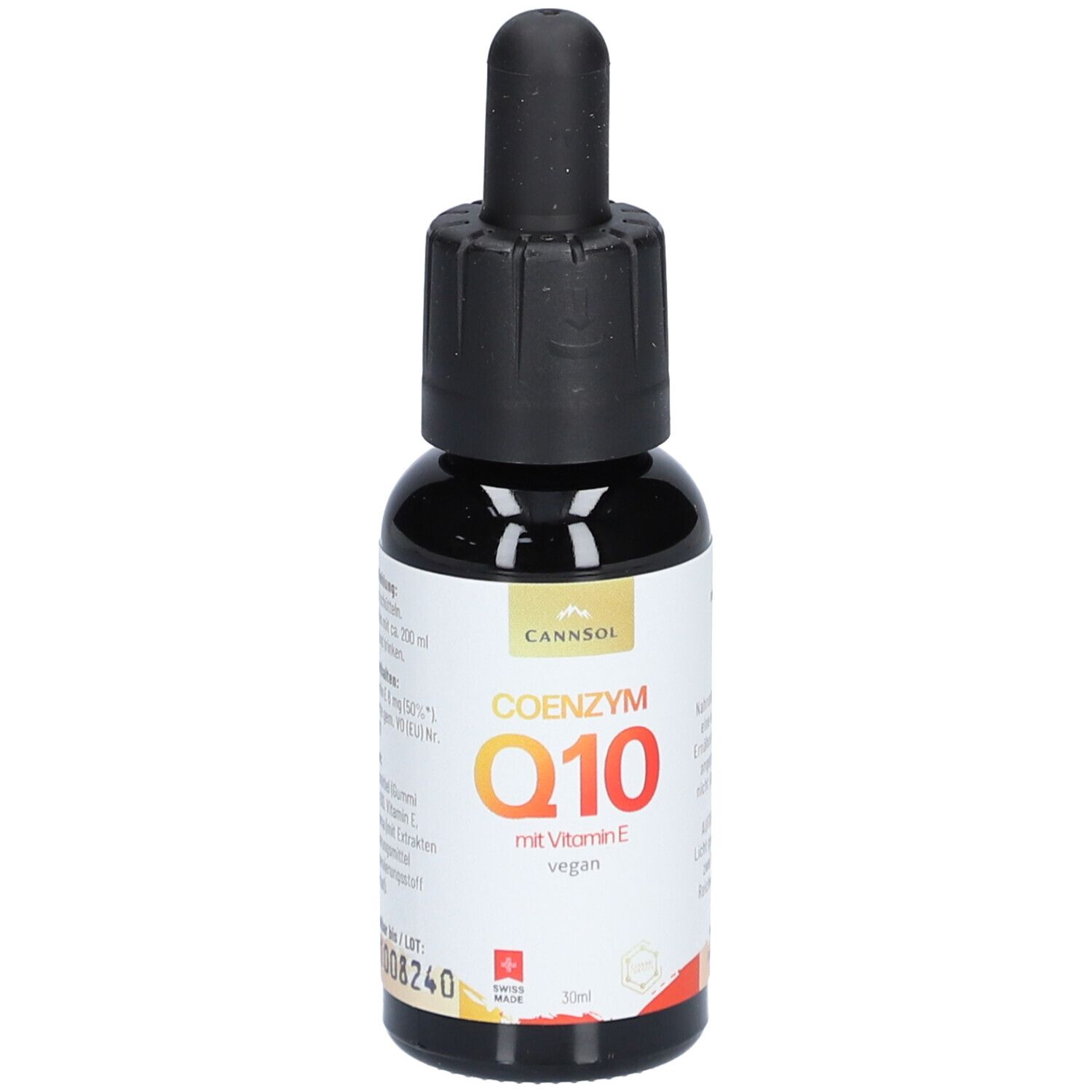 Braune Glasflasche mit schwarzem Tropfer. Aufschrift: COENZYM Q10 mit Vitamin E, vegan. Marke: CANNSOL.