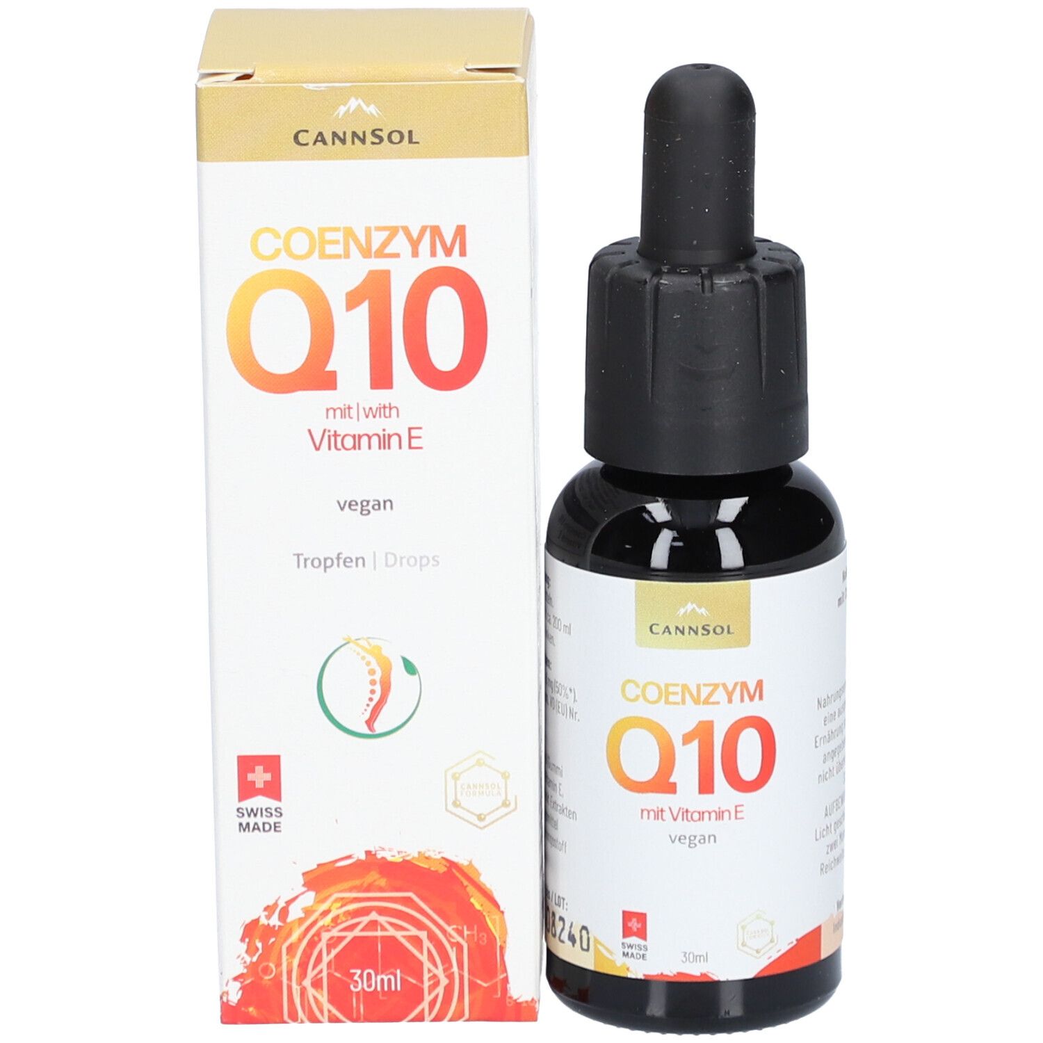 Produktverpackung mit Flasche und Schachtel. Aufschrift: COENZYM Q10 mit Vitamin E, vegan. Marke: CANNSOL.