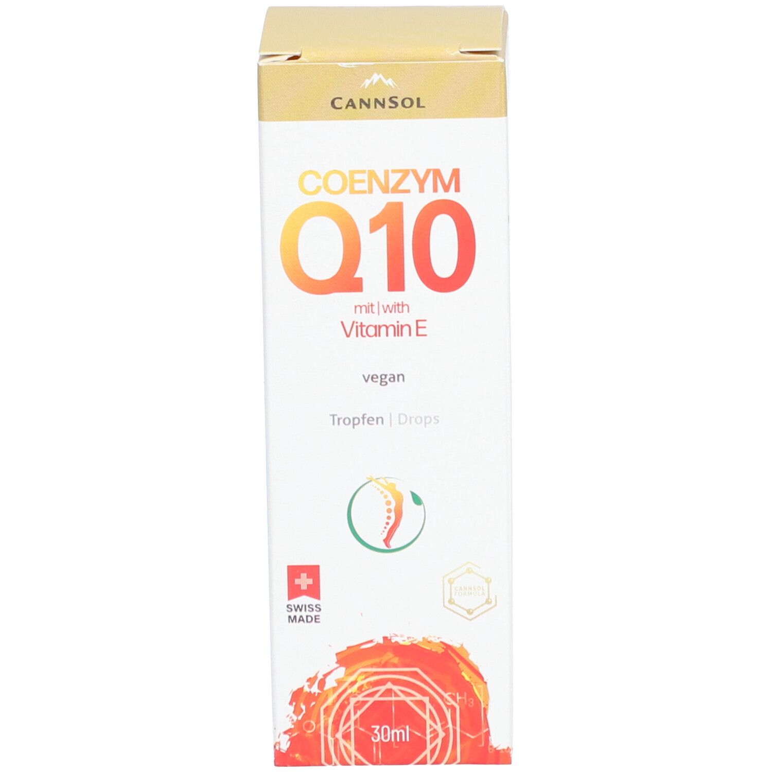 Produktverpackung. Aufschrift: COENZYM Q10 mit Vitamin E, vegan. Marke: CANNSOL. Mit Schweizer Kreuz.