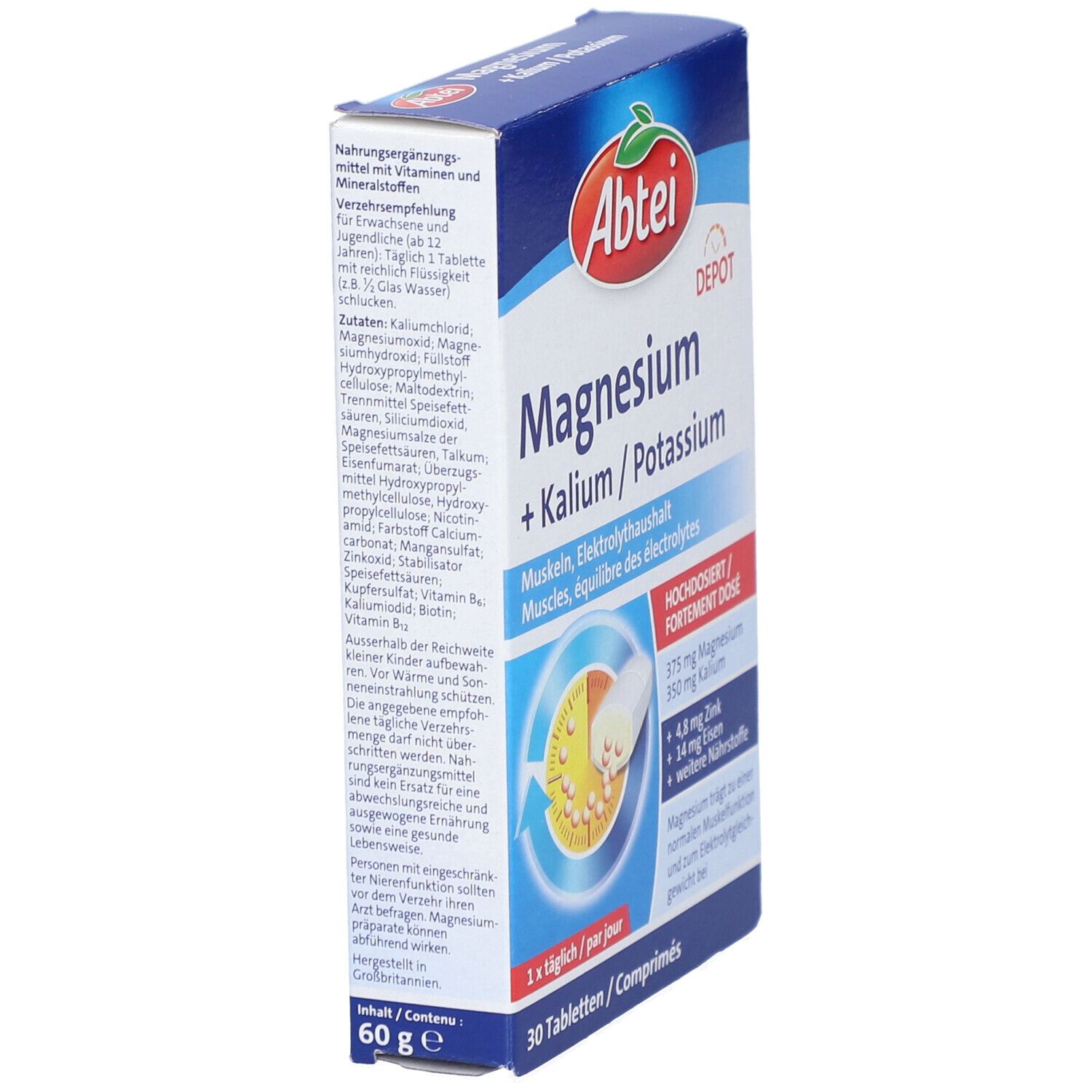 Schachtel "Abtei Magnesium + Kalium". Blaue Verpackung mit Produktinformationen. Enthält 30 Tabletten. Seitenansicht mit Text.
