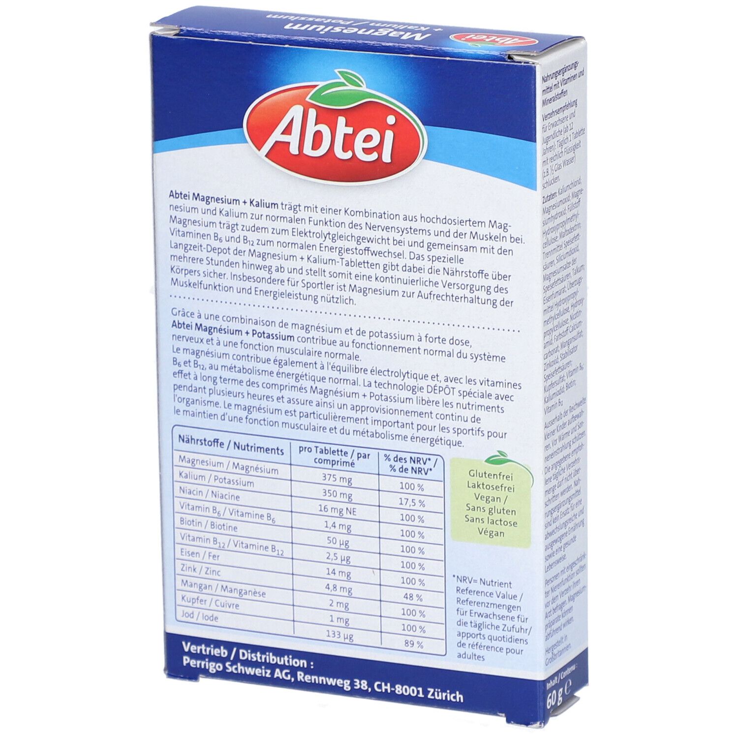 Rückseite der "Abtei Magnesium + Kalium" Schachtel. Enthält Nährwertangaben und Inhaltsstoffe. Glutenfrei und vegan.