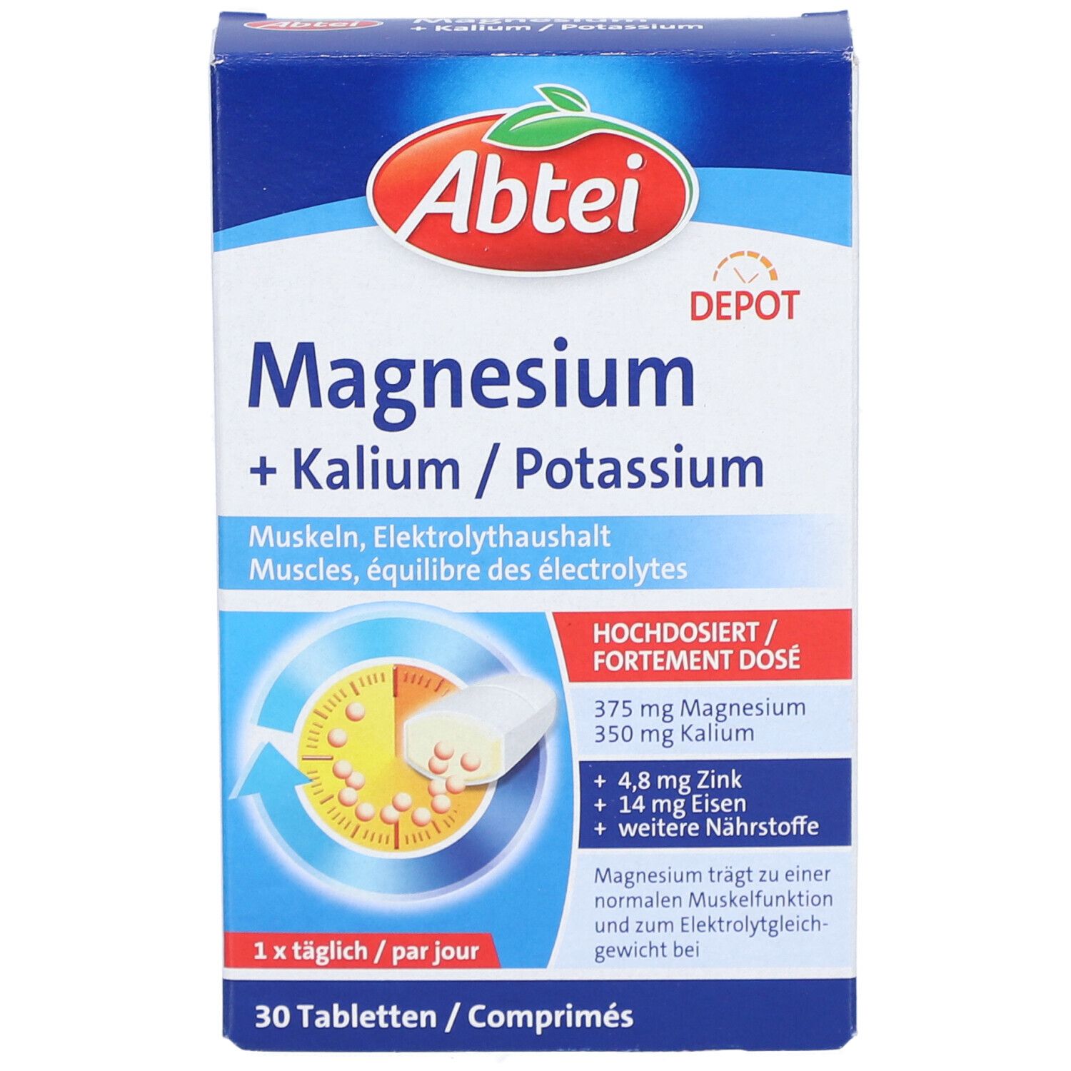 Schachtel "Abtei Magnesium + Kalium". Blaue Verpackung mit Produktnamen und Inhaltsangaben. 30 Tabletten. Nahaufnahme.