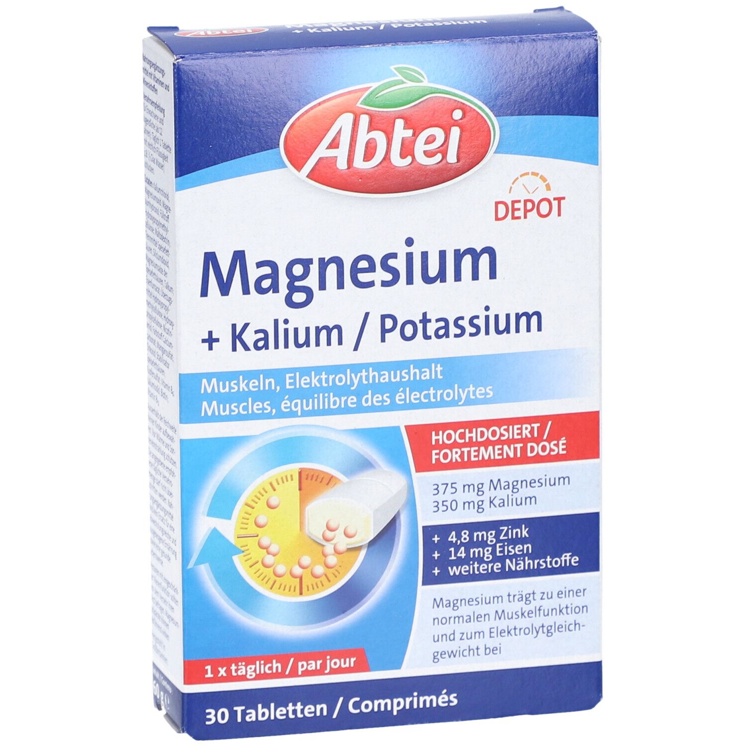 Schachtel "Abtei Magnesium + Kalium". Blaue Verpackung mit Produktnamen und Inhaltsangaben. 30 Tabletten. Frontansicht.