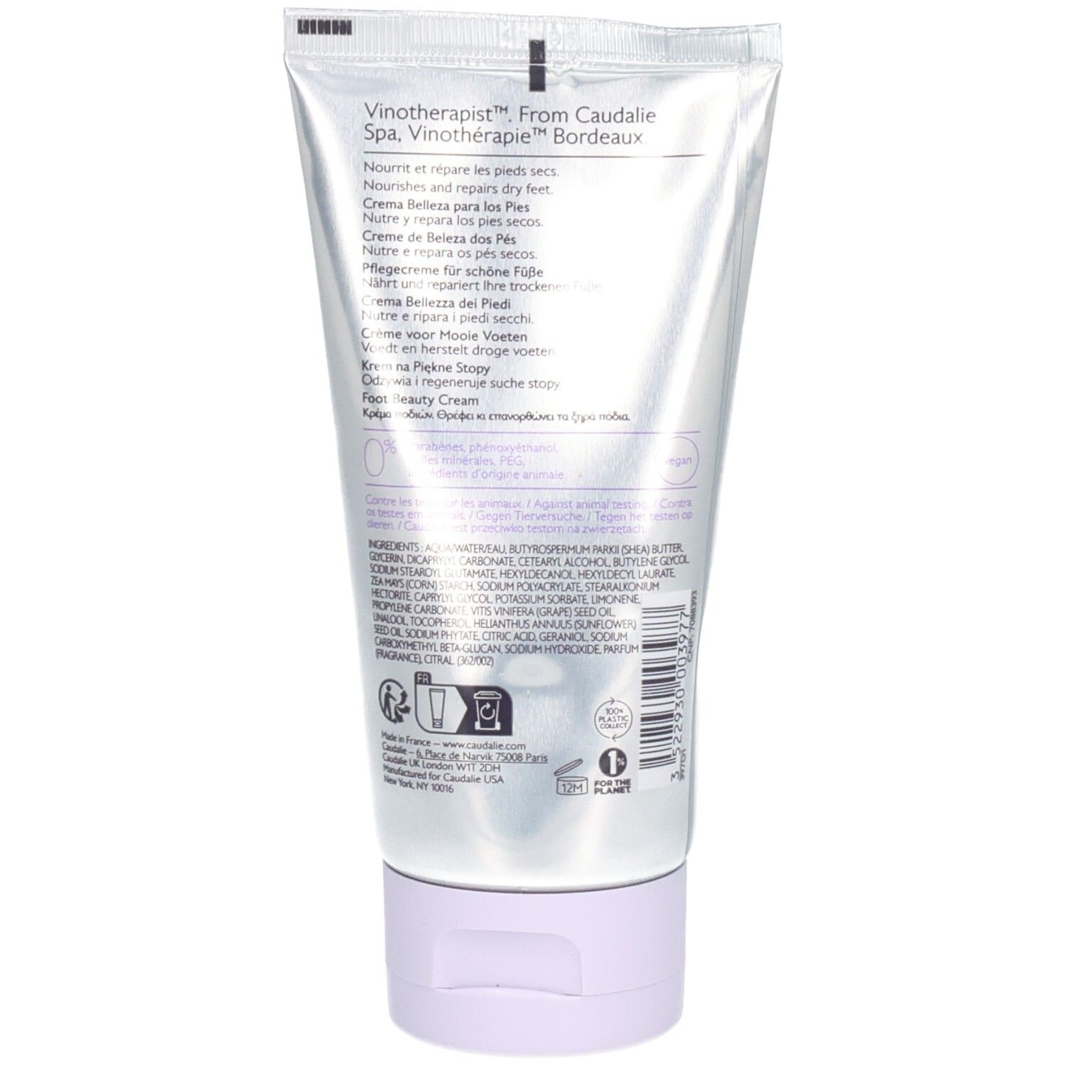 Dos du tube de crème pour les pieds Caudalie Vinotherapist. Argenté, texte multilingue. Ingrédients et symboles.