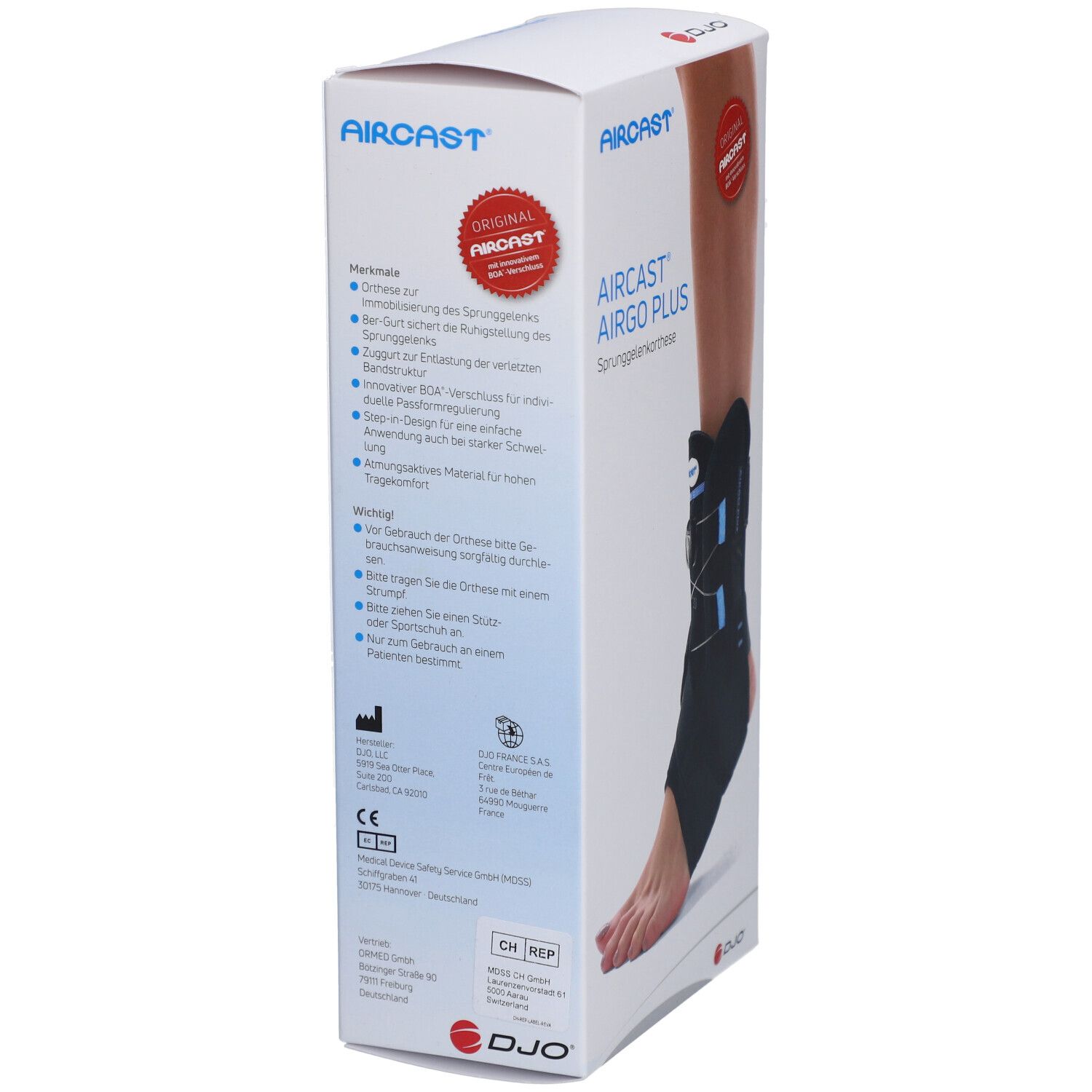Verpackung der AirCast AirGo Plus Sprunggelenkorthese. Text und Produktabbildung. Original-Siegel.