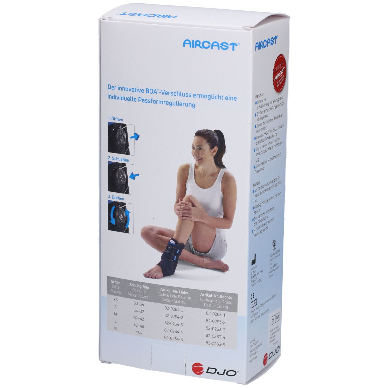 Rückseite der Verpackung der AirCast AirGo Plus. Produktabbildung und Größentabelle. BOA-Verschluss.