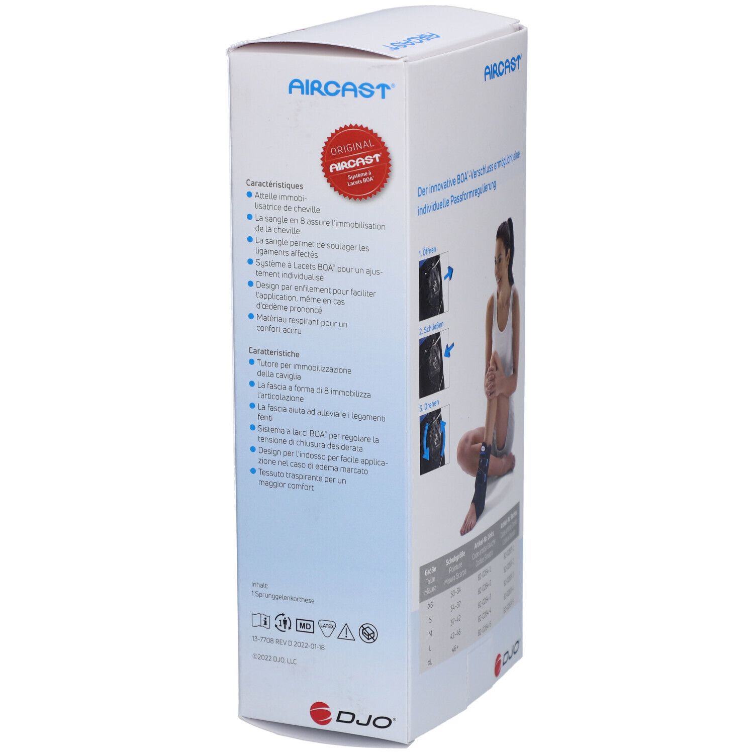 Rückseite der Verpackung der AirCast AirGo Plus. Produktmerkmale und Größentabelle. BOA-Verschluss.