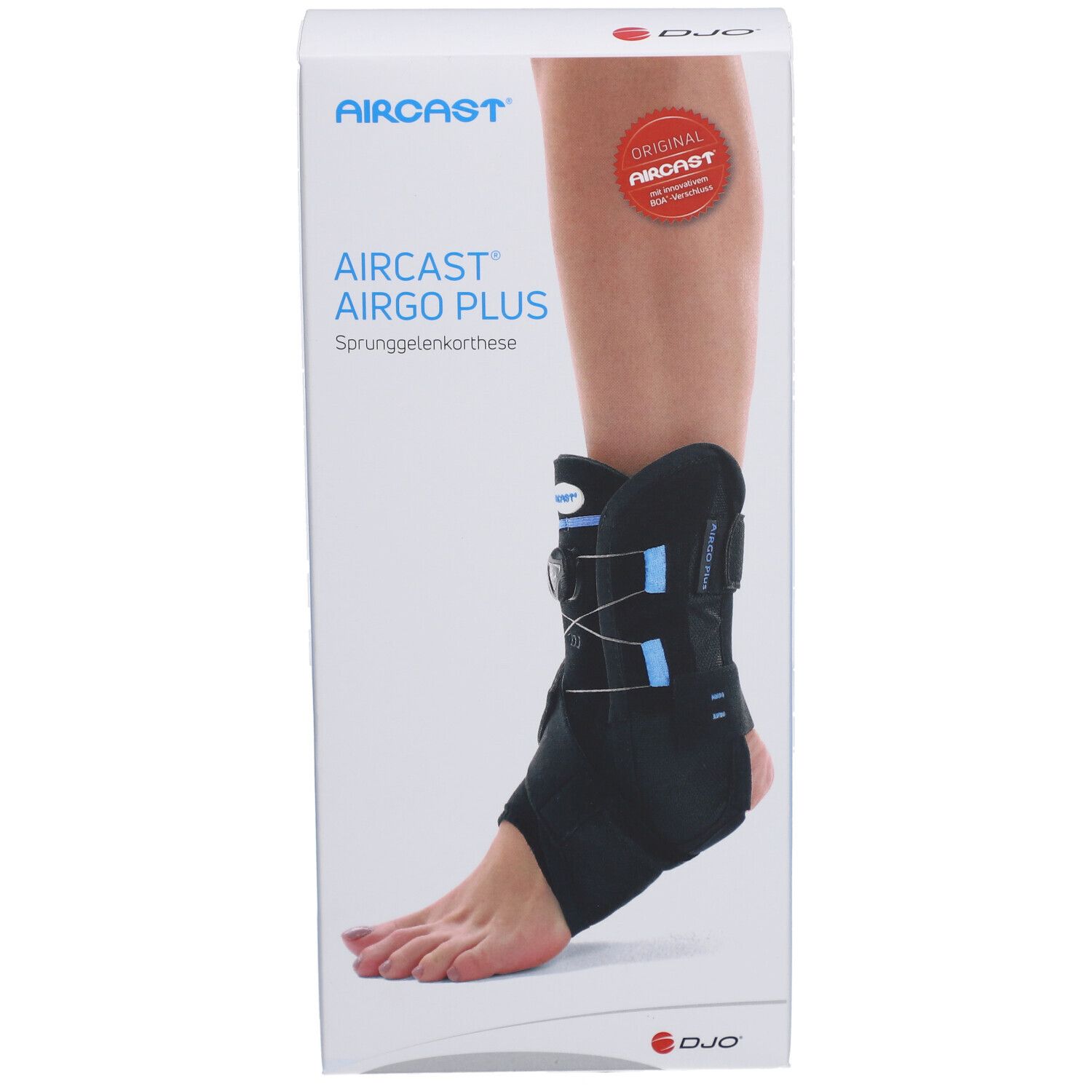 AirCast AirGo Plus Sprunggelenkorthese auf Verpackung. Schwarz, mit blauen Akzenten. Original-Siegel.