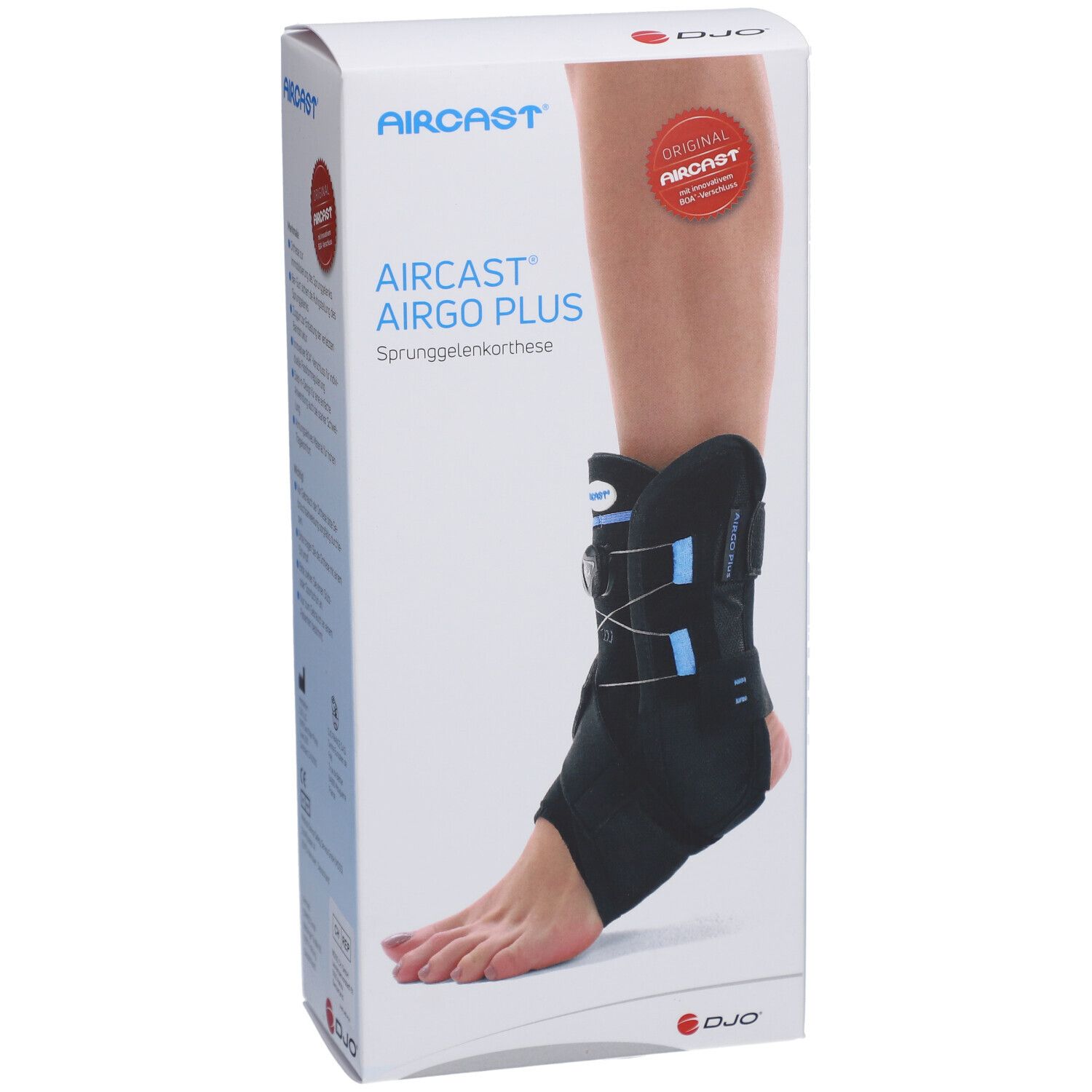 AirCast AirGo Plus Sprunggelenkorthese auf Verpackung. Schwarz, mit blauen Akzenten. Original-Siegel.