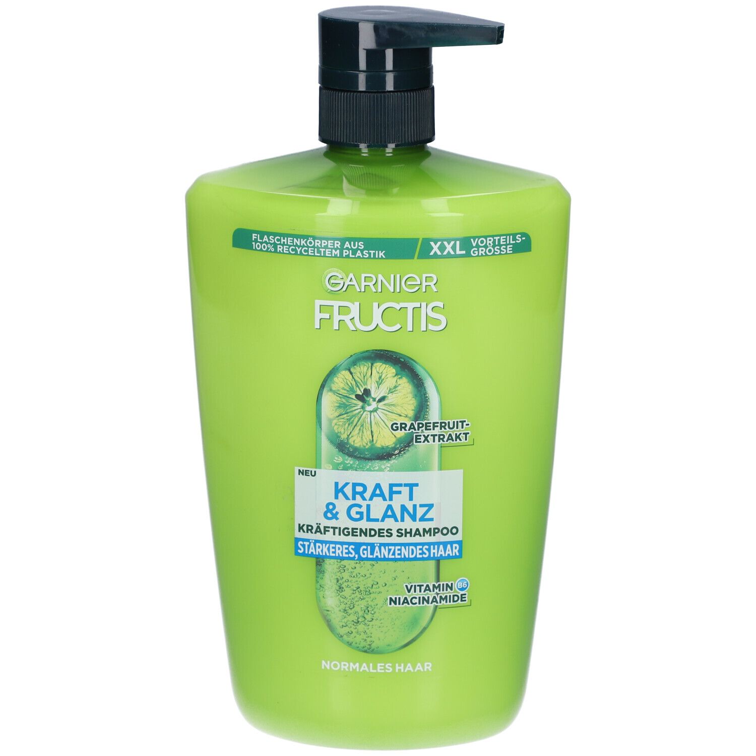 Flacon de shampooing vert avec pompe noire. Inscriptions: Garnier Fructis, Force & Brillance, extrait de pamplemousse. Format XXL.
