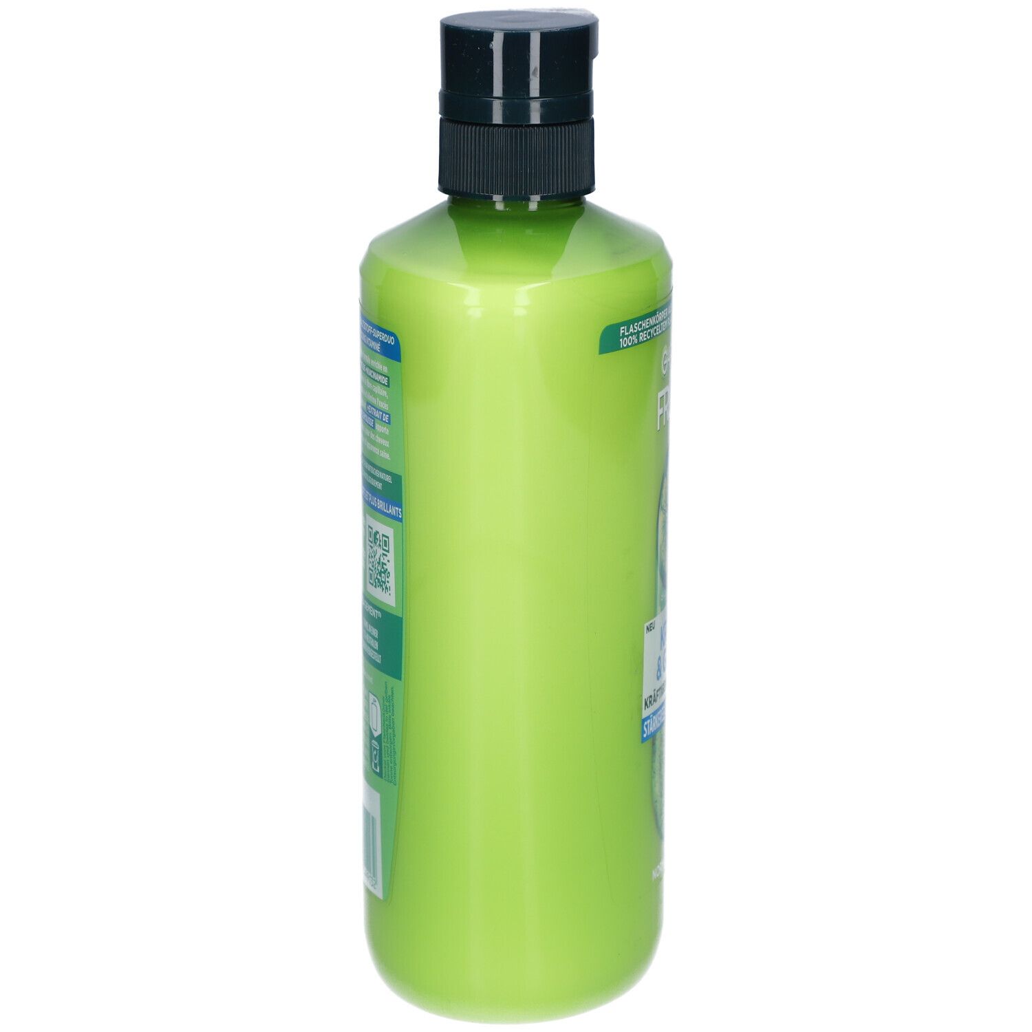 Flacon de shampooing vert, vue latérale. Pompe noire. Texte: Corps du flacon en plastique 100% recyclé.