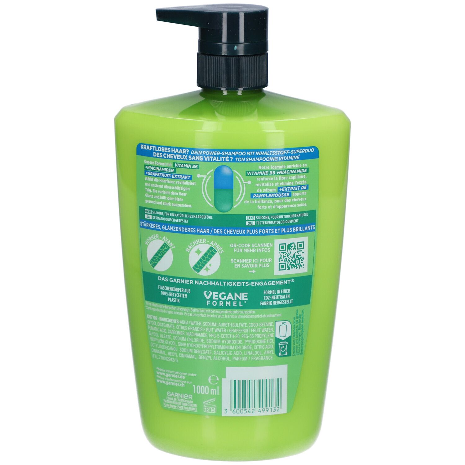 Dos du flacon de shampooing vert. Texte: Cheveux sans force. Ingrédients. Formule vegan. 1000 ml. Code QR.