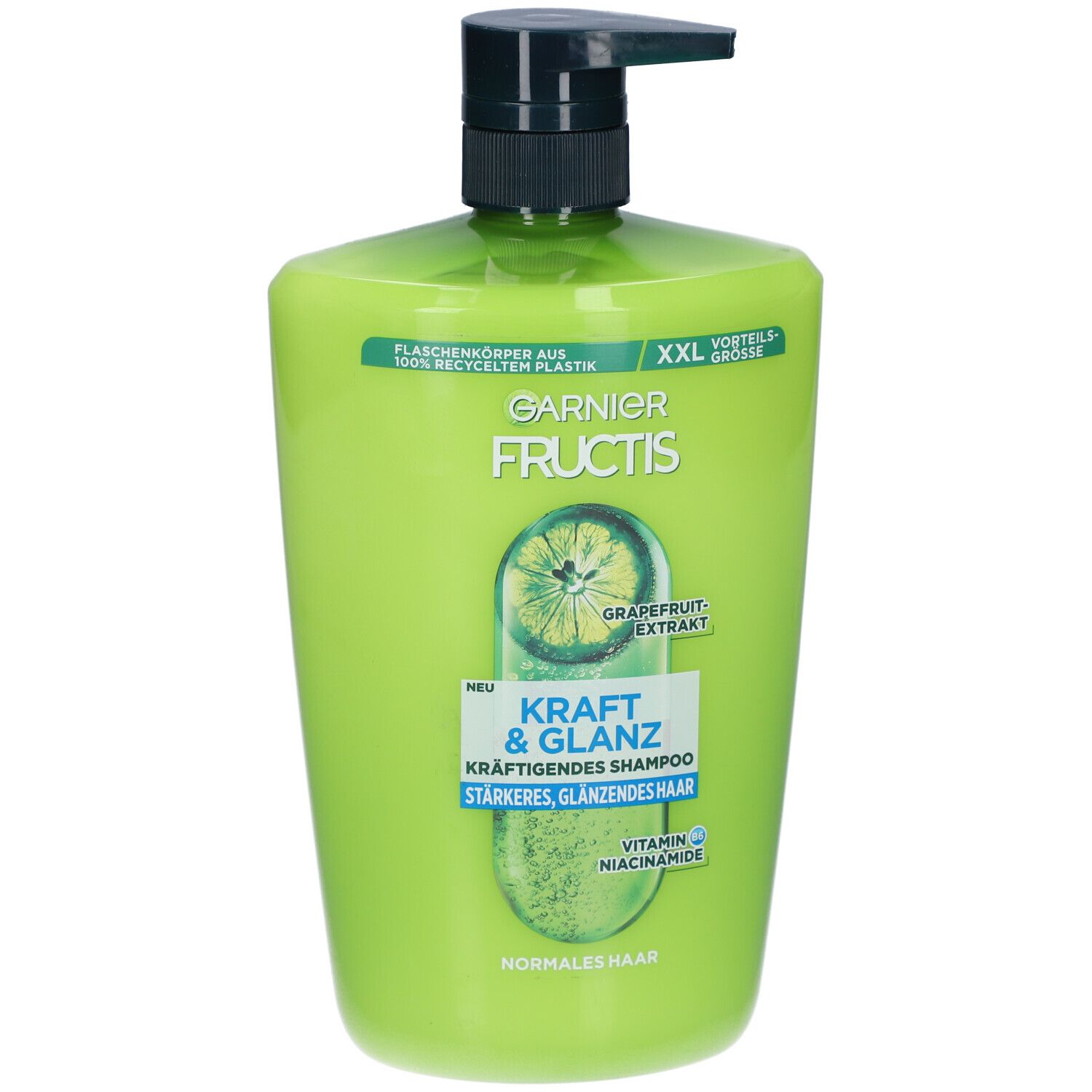 Flacon de shampooing vert avec pompe noire. Inscriptions: Garnier Fructis, Force & Brillance, extrait de pamplemousse. Format XXL.