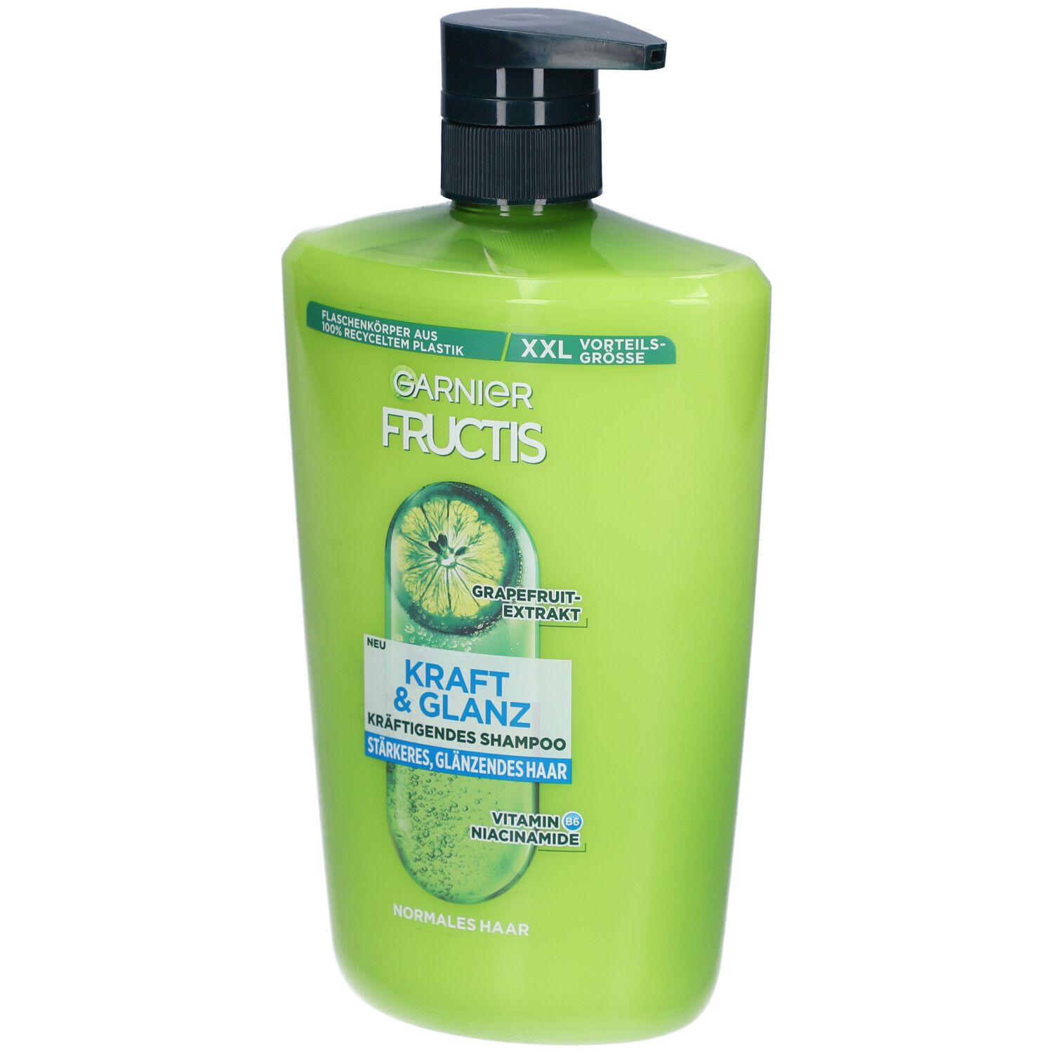 Flacon de shampooing vert avec pompe noire. Inscriptions: Garnier Fructis, Force & Brillance, extrait de pamplemousse. Format XXL.