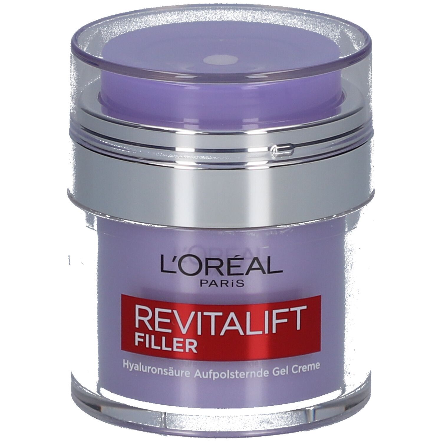 L'Oréal Revitalift Filler Creme. Lila Tiegel mit silbernem Deckel. Roter Aufkleber mit Produktnamen.