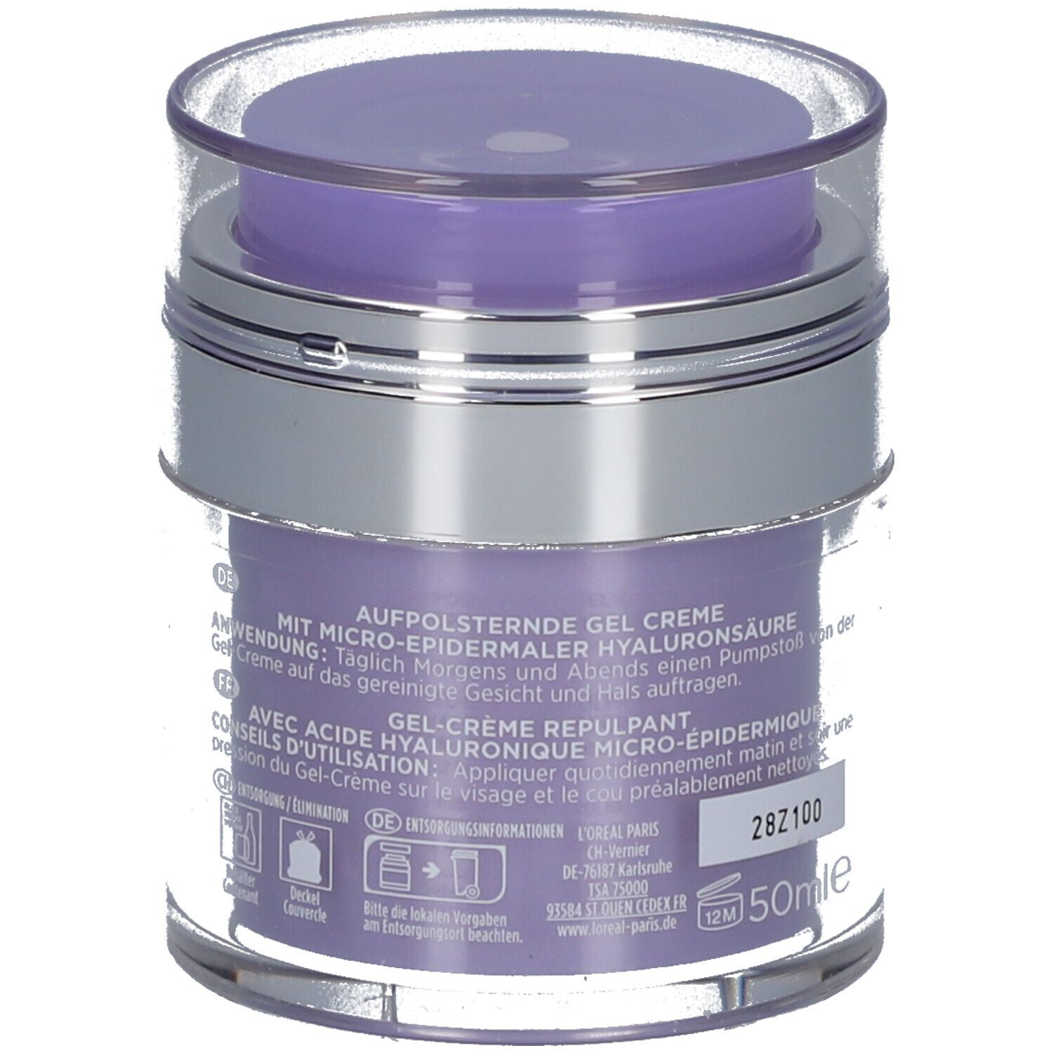 L'Oréal Revitalift Filler Creme. Rückseite des Tiegels mit Text. Anwendungshinweise. 50ml.
