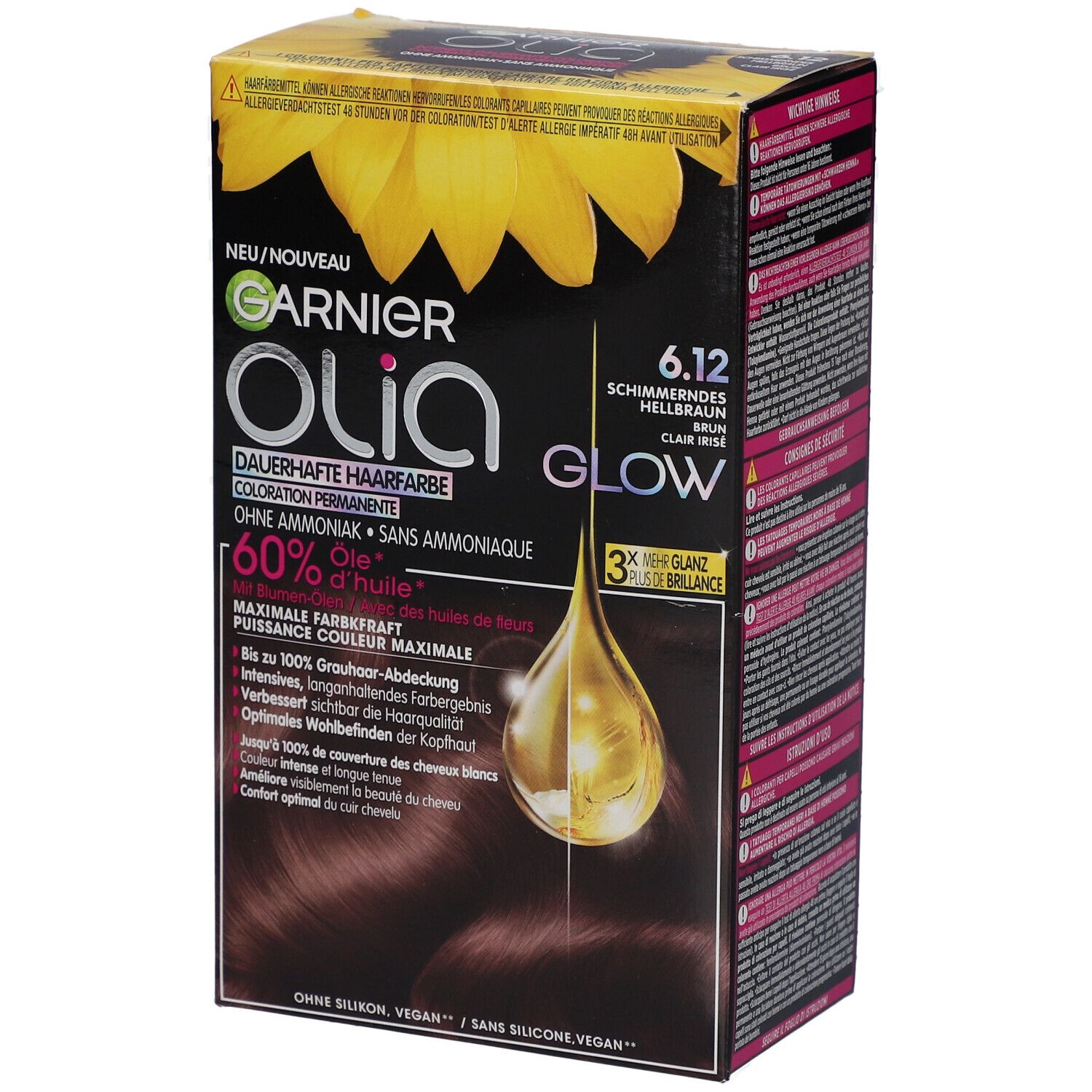Haarfarben-Box mit Garnier Olia. Farbe: 6.12, schimmerndes Hellbraun. Enthält 60% Öl. Aufdruck: Dauerhafte Haarfarbe, ohne Ammoniak.