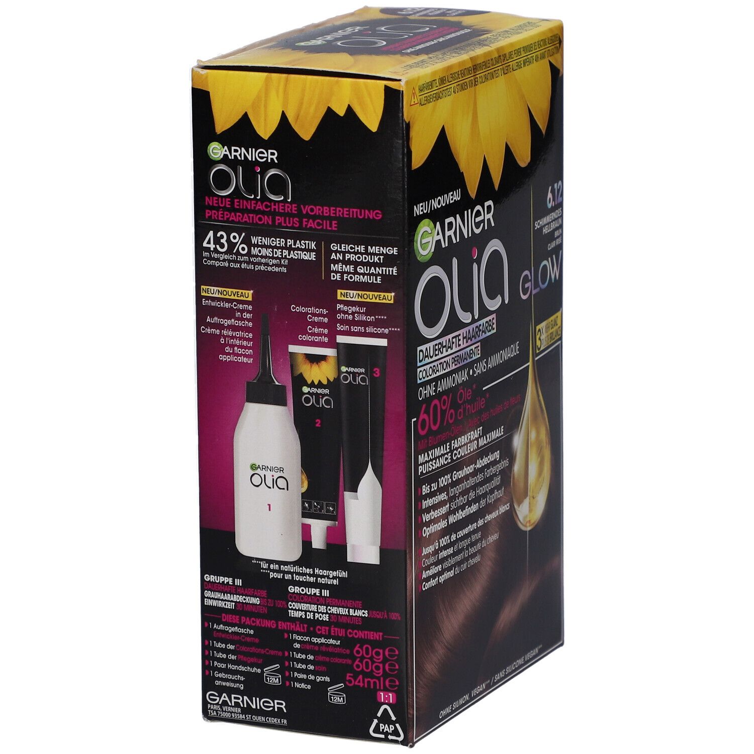 Garnier Olia Haarfarben-Box, geöffnet. Inhalt: Flasche, Applikator, Creme. Aufdruck: 43% weniger Plastik. Details zur Anwendung auf der Box.